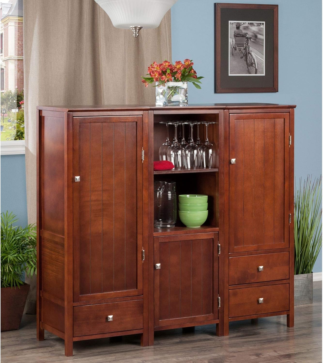 Contemporary Home Living 47.25” Walnut Finish Solid Composite Wood Cupboard 3-Piece Set