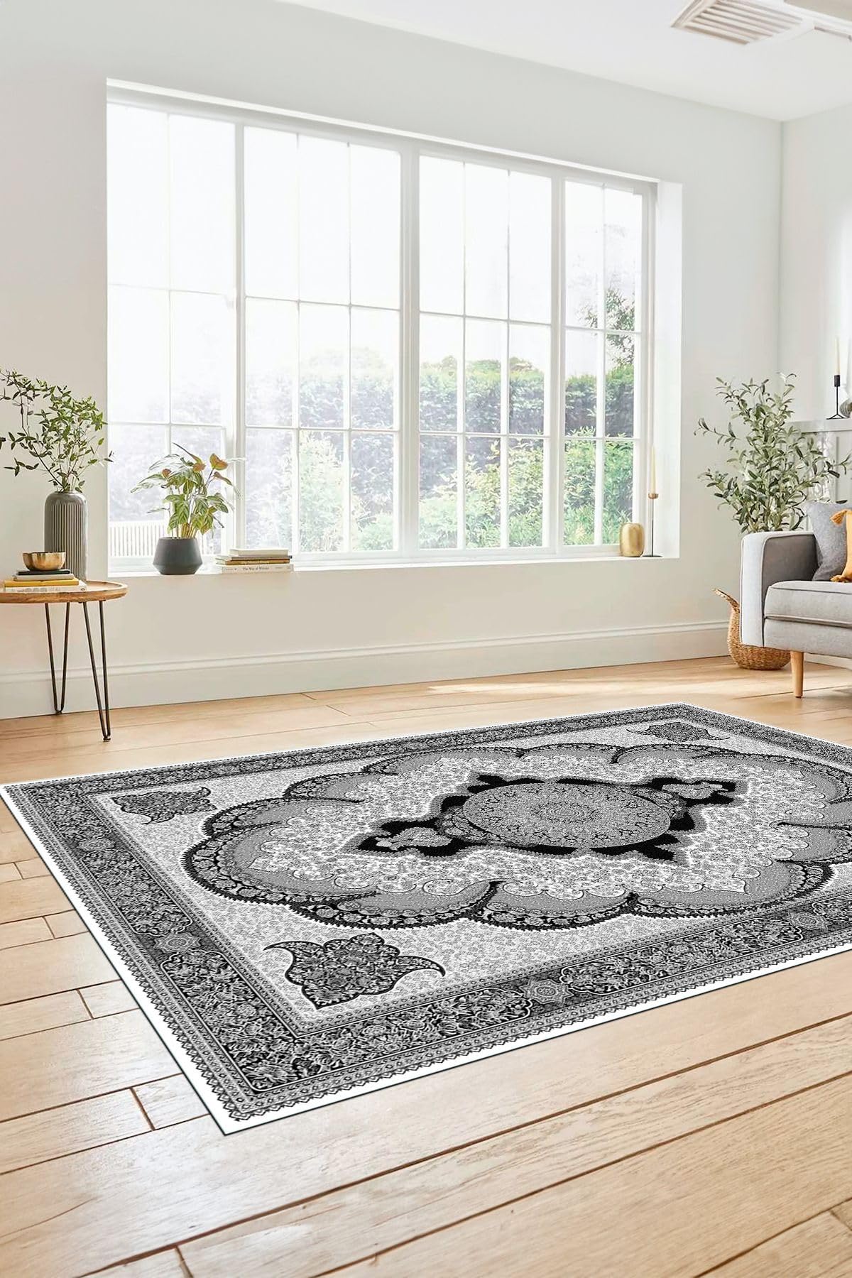 Evdeya Dijital Kaymaz Yıkanabilir Çerçeveli Göbekli Klasik Desen Salon Halısı KLASİK-02, Gri, 180 x 300