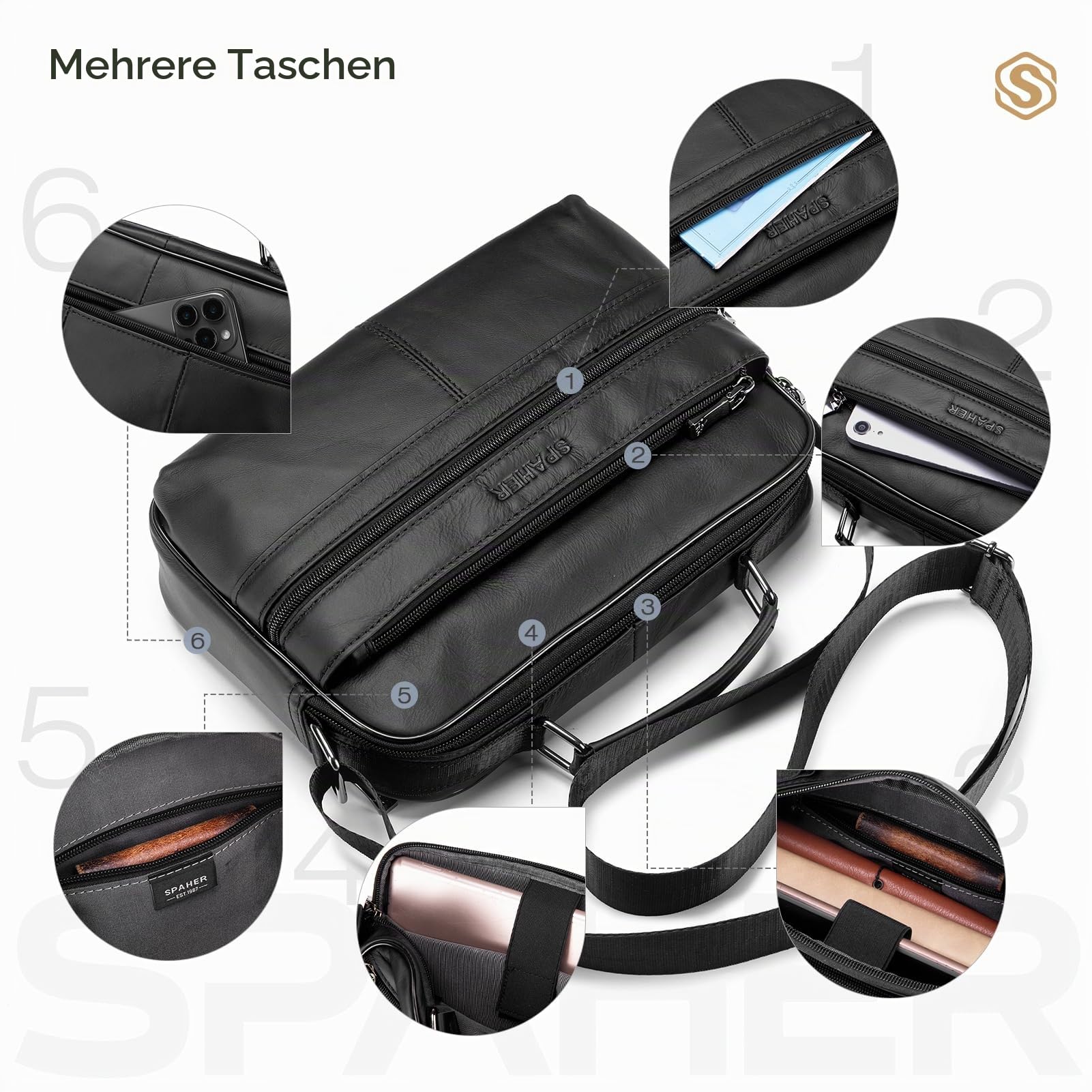 SPAHER Umhängetasche Leder Herren Herrentasche Schultertasche Echtes Leder Messenger Bags Handgelenktasche Herren Schultertasche Crossbody Bag Geschenk für Männer Schwarz