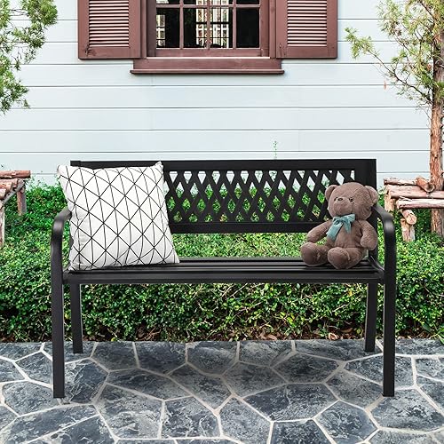 Miniatura 8 de Outvita Banco al aire libre banco de jardín de metal de 47 pulgadas muebles de patio con respaldo de plástico silla con recubrimiento en polvo patio