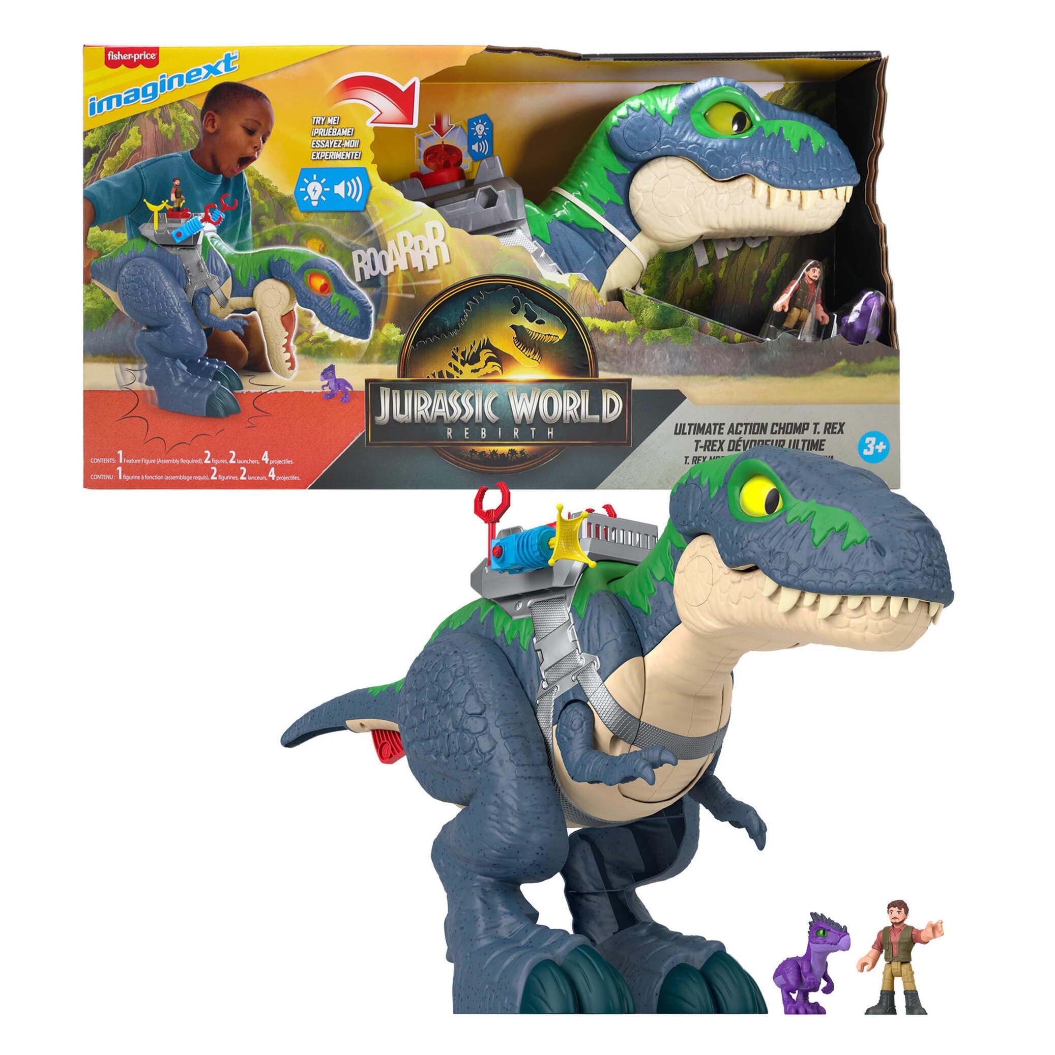Fisher-Price Imaginext Jurassic World Rebirth Conjunto de juego T. Rex Mordiscos y acción, dinosaurio de juguete de 45,72cm con luces, sonidos, movimiento y 2 figuras de acción de 7,62cm, JGR40
