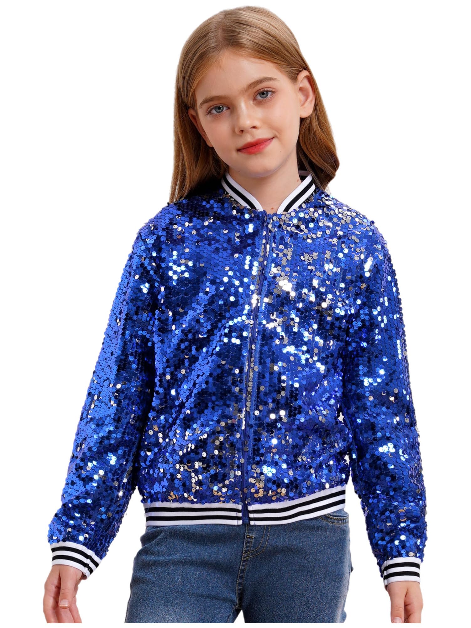 Alvivi Kinder Pailletten Jacke Jungen Mädchen Glitzer Baseball Jacke Langarm Sweatjacke Mantel Jazz Hip Hop Disco Party Tanzkostüm