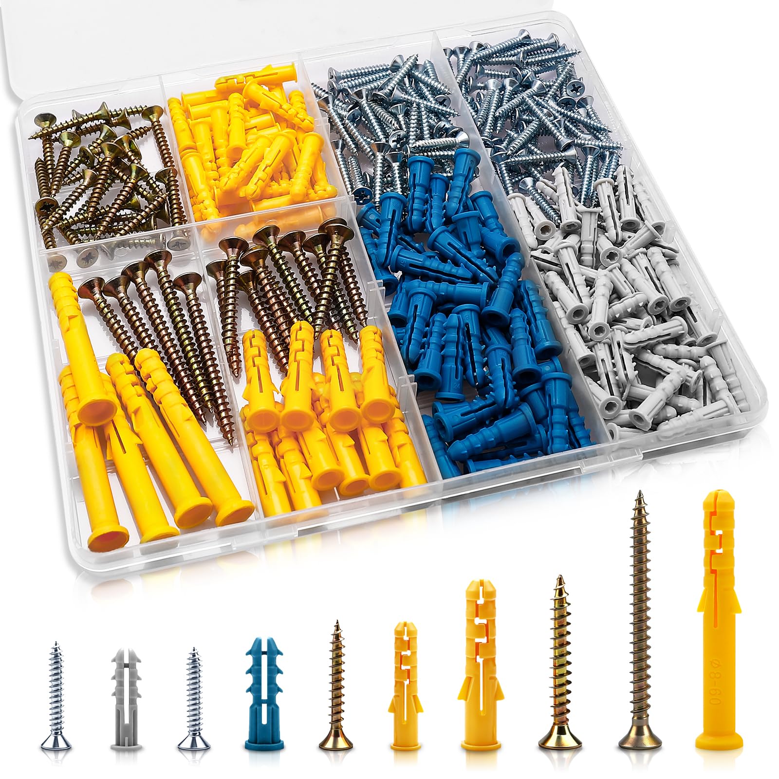 Zynthor 270Pcs Screws and Wall Plugs Set, Wall Plugs and Plasterboard Screws, 5 Sizes Raw Plug Assortment Kit, Plasterboard Fixings for Brick Concrete Drywall