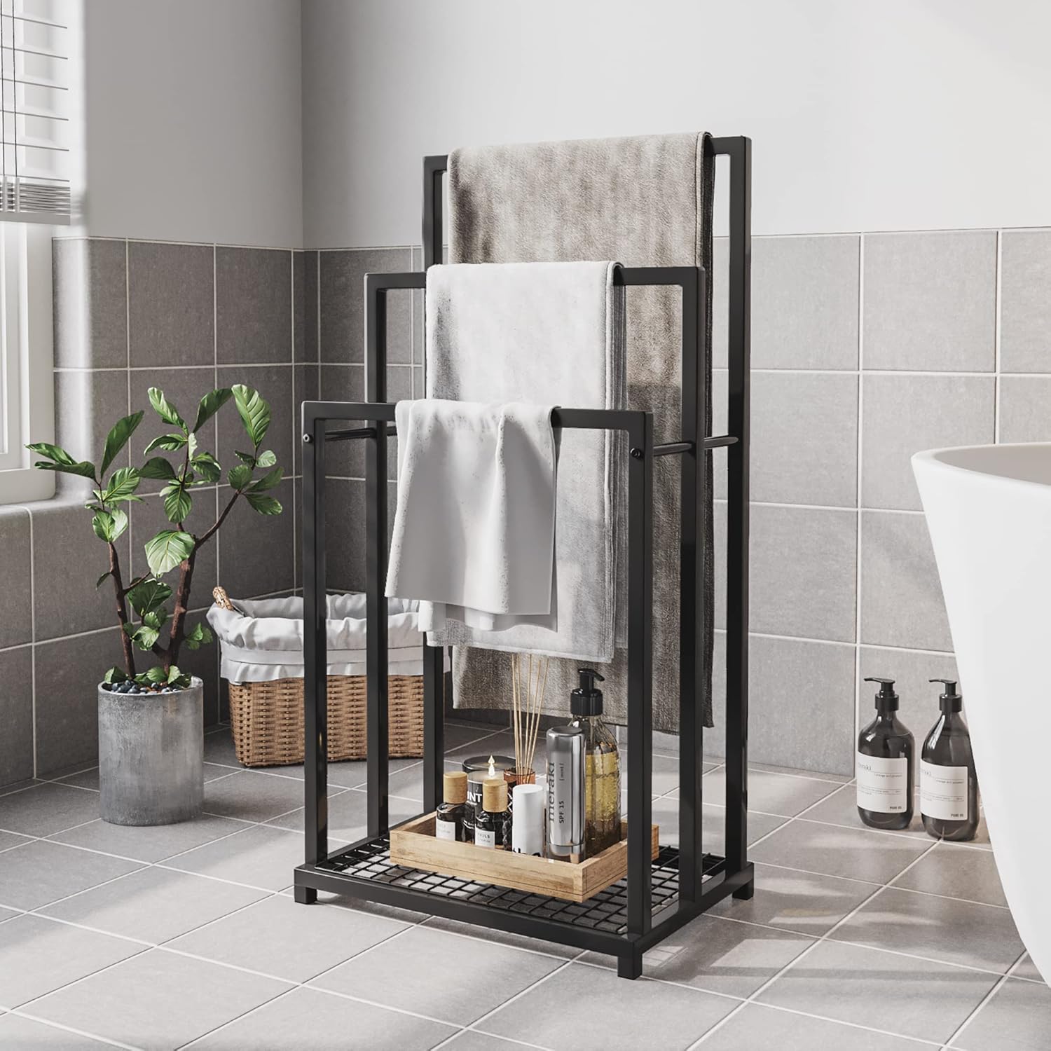 BOFENG Free Standing Black Metal Towel Racks for Bathroom