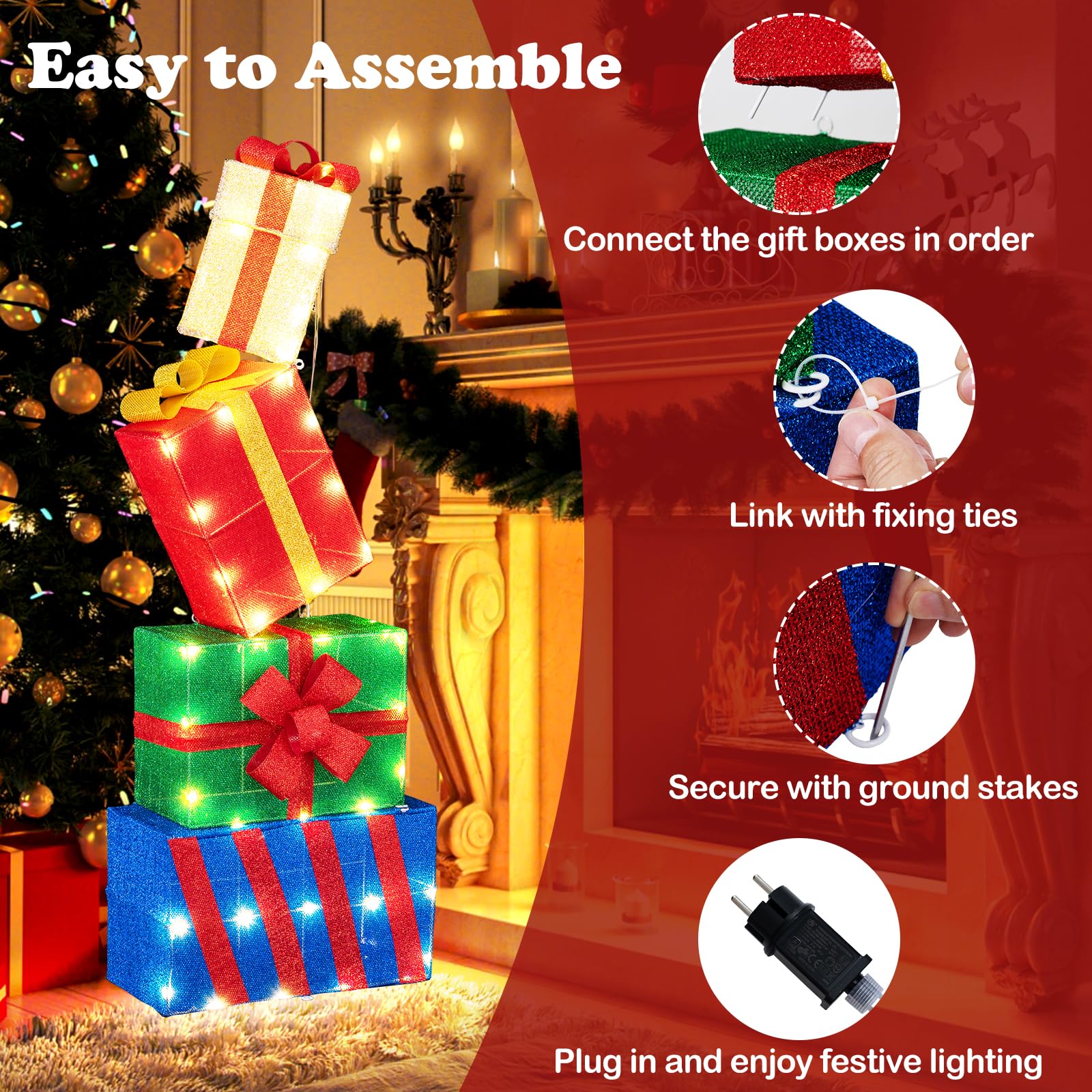 GYMAX Set di 4 Scatole Regalo a LED di Natale, Pacchi Regalo Decorativi con 51 Luci LED Caldi e Fiocchi, Combinazione Flessibile, Decorazione Natalizia Luminosa per Soggiorno, Giardino e Balcone
