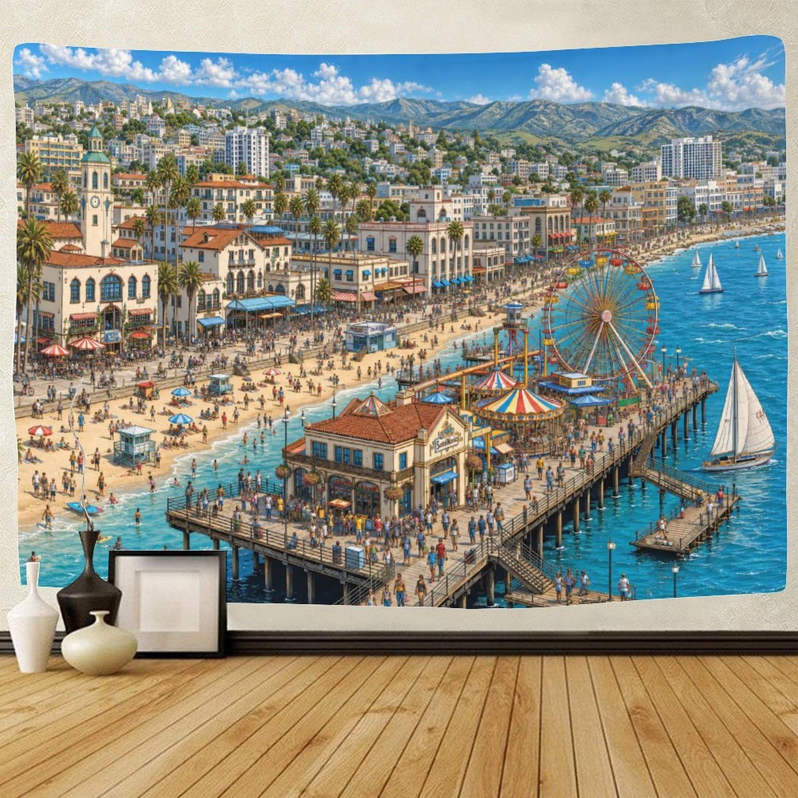 ASDFGHJKLZA Santa Monica Pier Wall Hanging Decor 3D Print Tapestry for Bedroom California Beach Tapestries Poster Curtain Bedroom College Dorm 150cmx200cm