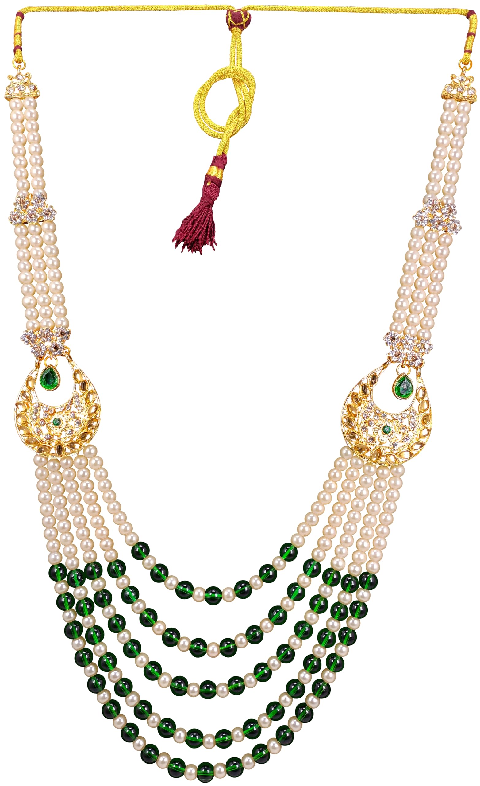 RAADHE CREATION® Pearl Neckalce Jewellery for Groom Five LineLong Mala for Men Wedding Traditional Gold Plated Dulha Necklace For Sherwani (Green) (B0CR8V6P3V) Amazon Price History, Amazon Price Tracker