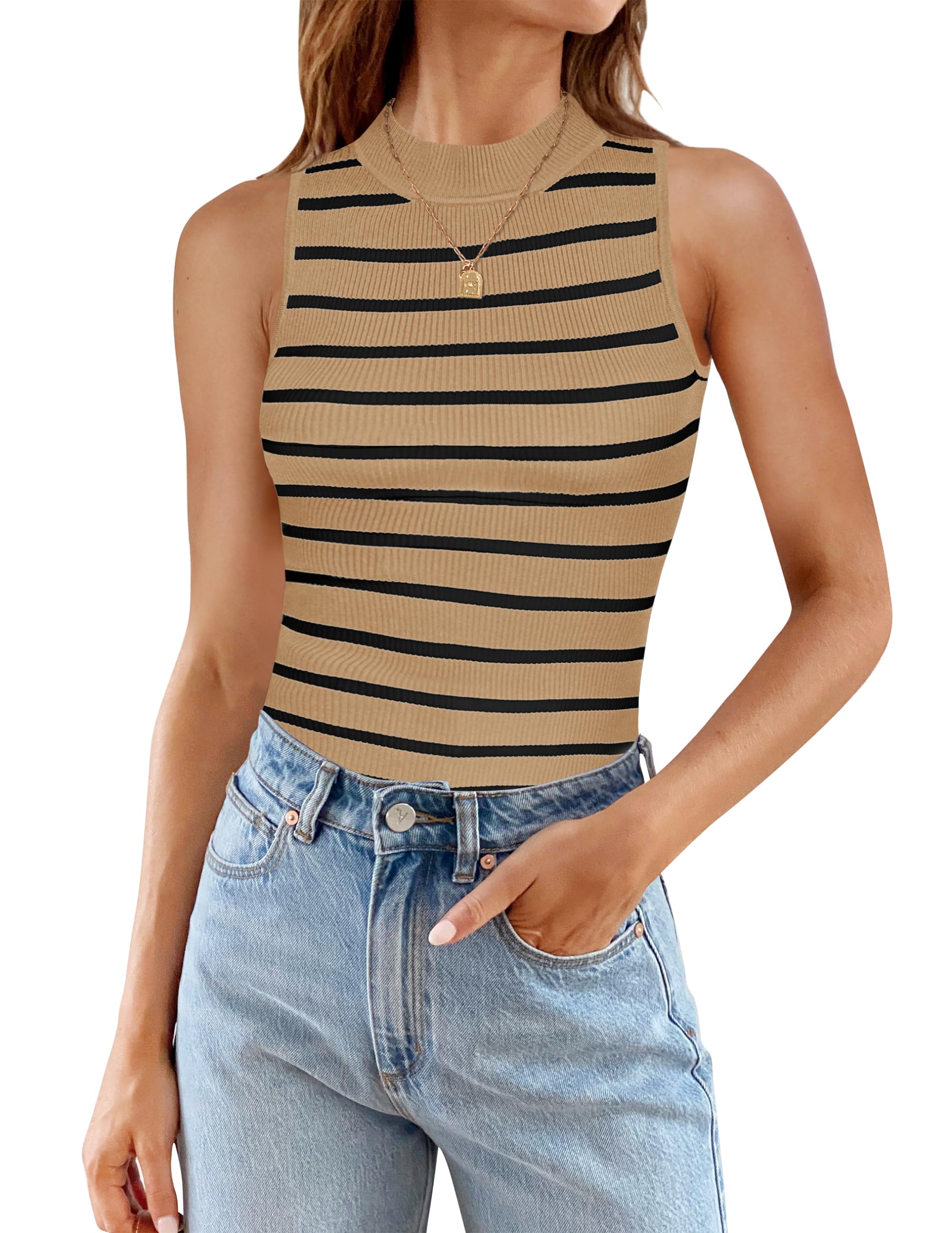 ZESICAWomens Ribbed Tank Tops High Neck Slim Fitted Striped Basic Casual Summer Sleeveless Shirts