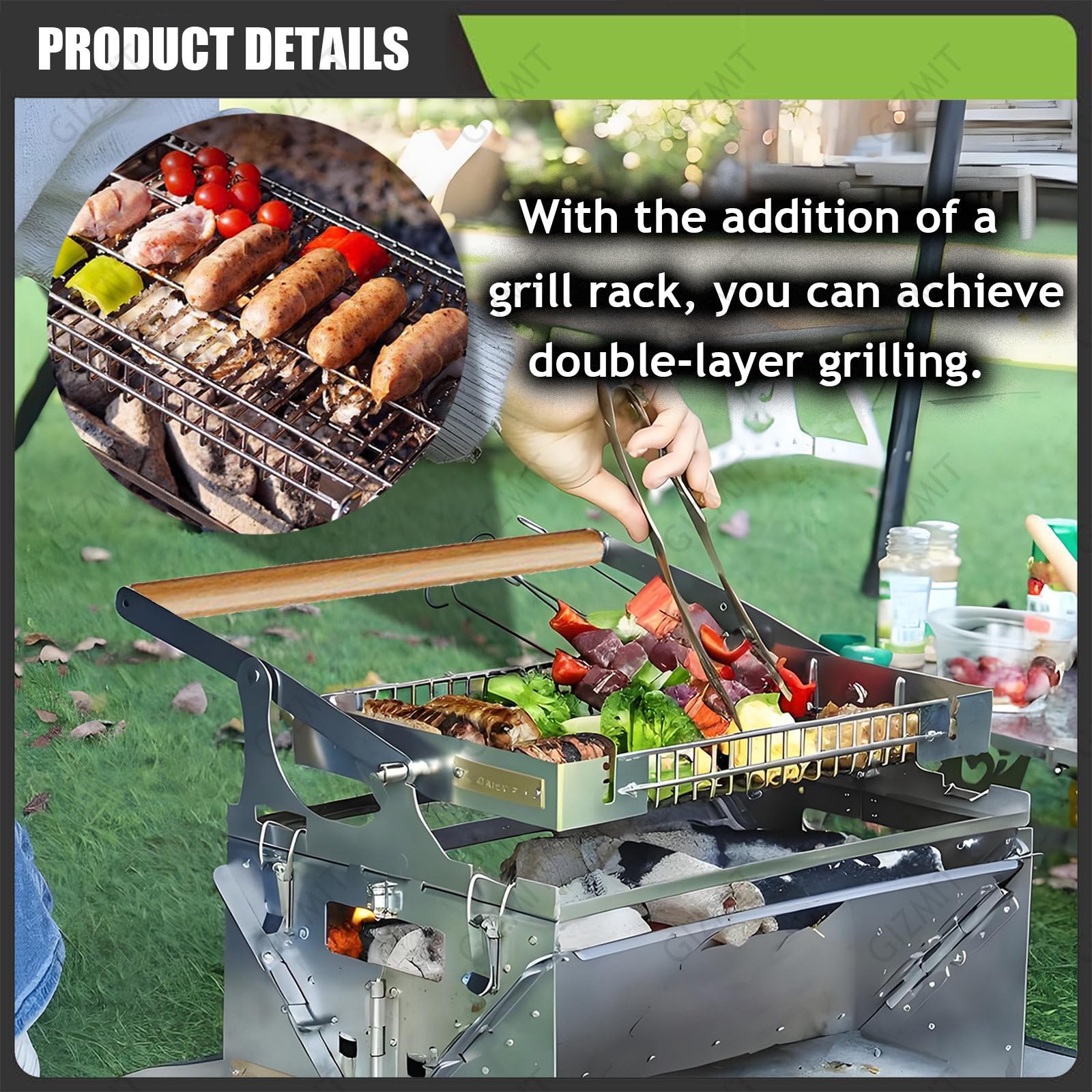 Przenośny grill ze stali nierdzewnej, obracany o 360° grill na węgiel drzewny z obracanym koszem na kemping, tailgating i przygody na świeżym powietrzu, w zestawie torba do grillowania