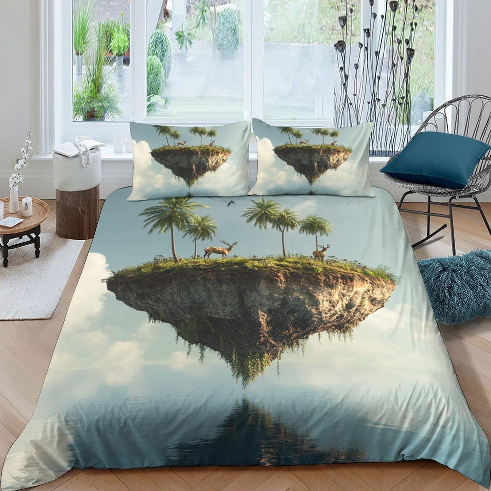 Ctjqhvkz Style-5 3D Printed Floating Island Fitted Sheet Microfiber Scenic Cloud Forest Mattress Cover Bedroom Decor Washable Single（135X200cm）