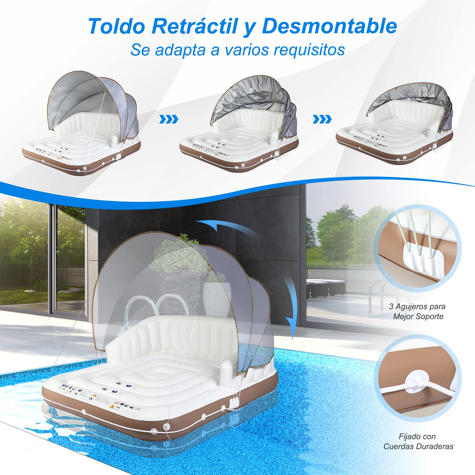 COSTWAY Isla Hinchable con Toldo para 2 Adultos, Toldo Retráctil y Removible, 2 Portavasos, Flotador de Piscina Interior y Exterior con Protección UPF50+, Soporta hasta 200 kg
