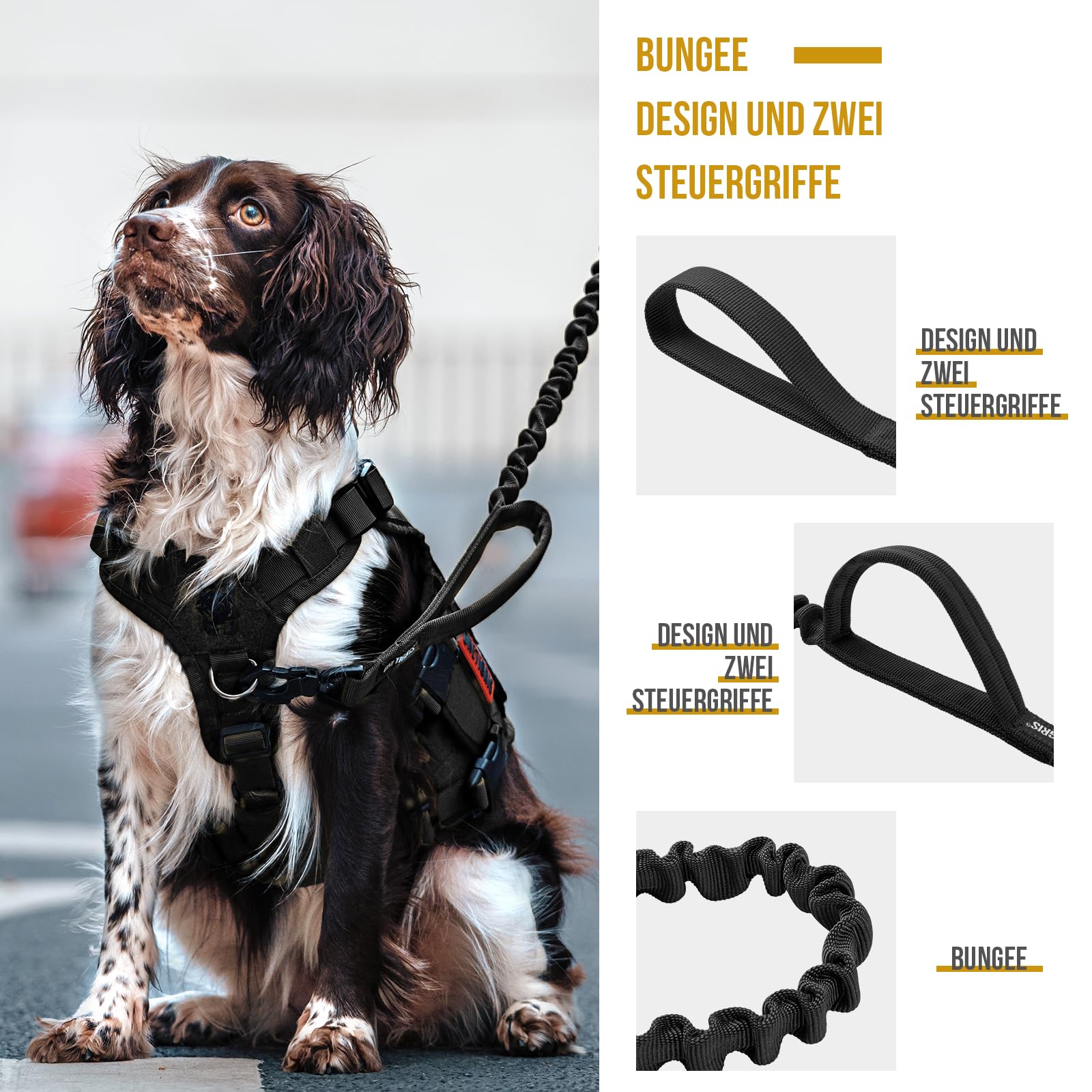 OneTigris Correa para perros con muelle de 86 cm - 120 cm, nailon con diente de tigre, clip de metal y 2 acolchado suave, longitud – negro