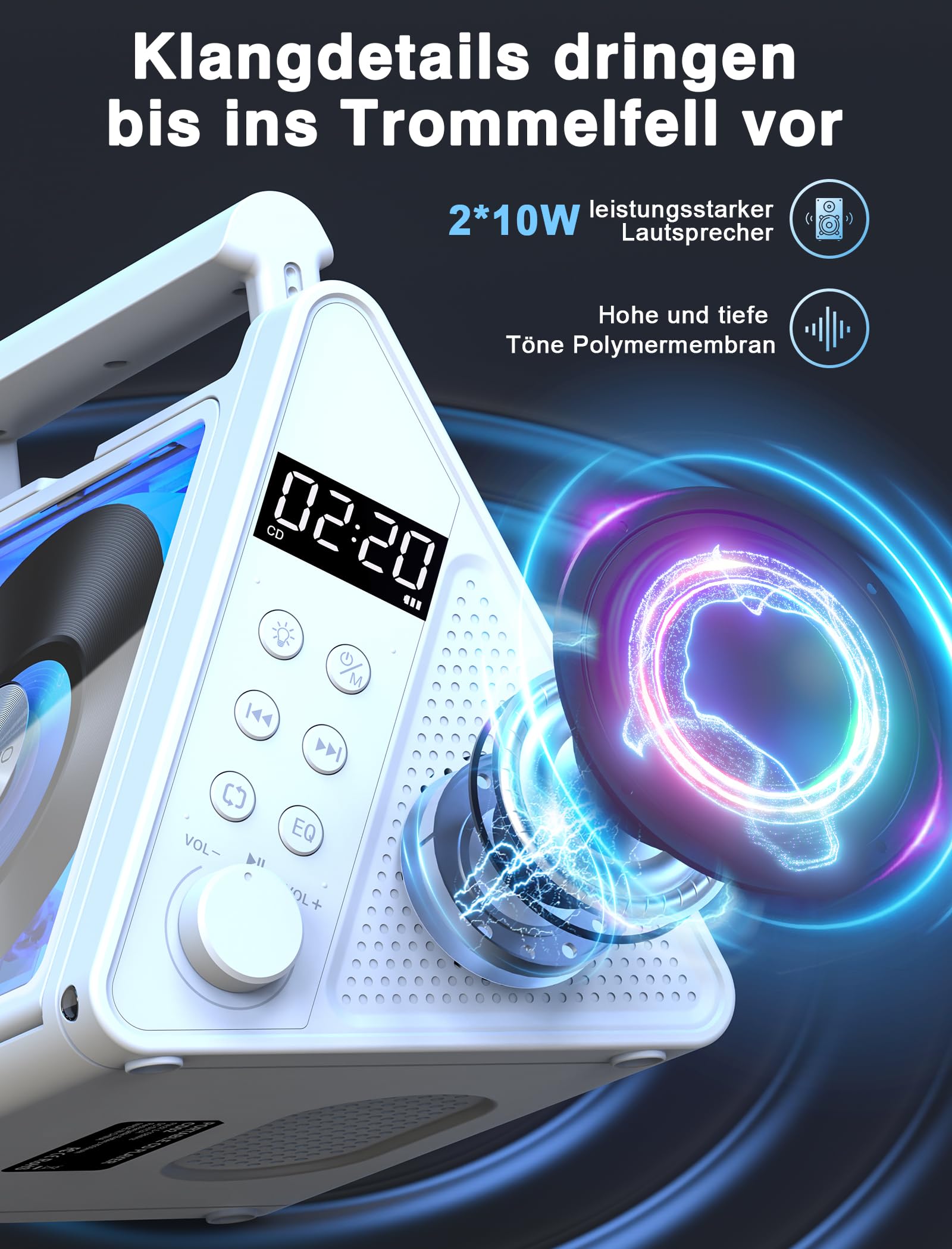 Greadio CD Player Tragbar, 4000mAh Wiederaufladbarer FM Radio mit Stereoanlage und Bluetooth 5.3, USB, AUX, Fernbedienung, 2 * 10W-HiFi-Sound-Lautsprecher, RGB-Farbige Lichter MP3 CD Player Kinder
