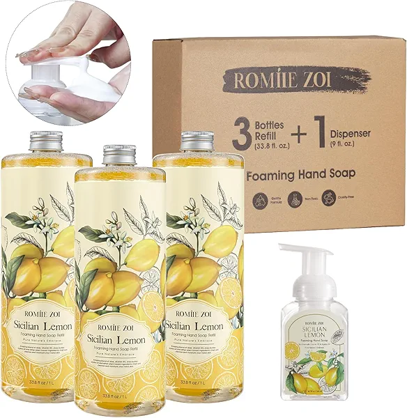 ROMIIE ZOI Hand Soap Refills Foaming 3pack (33.8 Fl Oz) + Reuseable Foam Soap Dispenser, Natural and Moisturizing Foaming Refills Kit, Lemon Hand Soap Refills