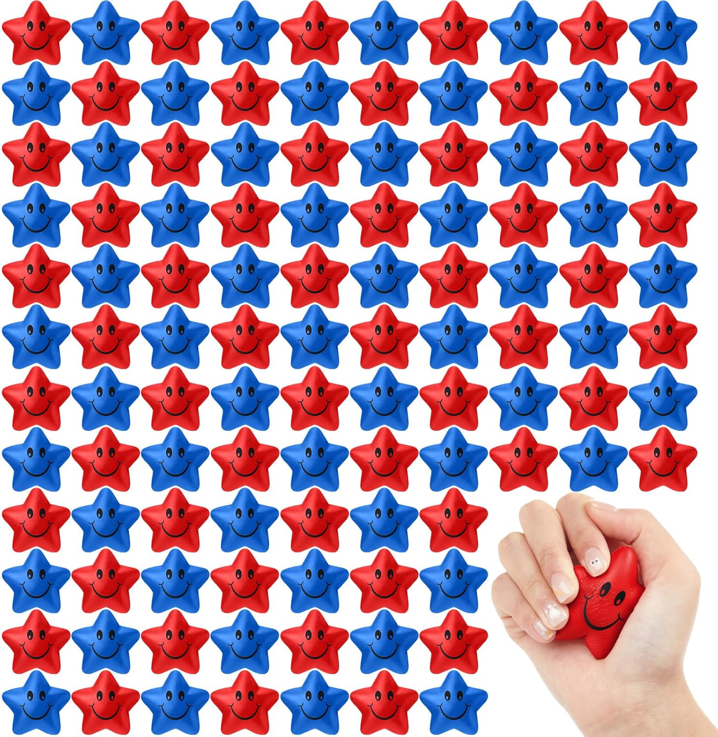 Honoson 108 Pcs Star Smile Face Stress Balls Bulk Mini Foam Star Stress Relief Balls Red and Blue Squeeze Stress Ball Star Party Favors for Boys Girls Adults School Carnival Reward Supply