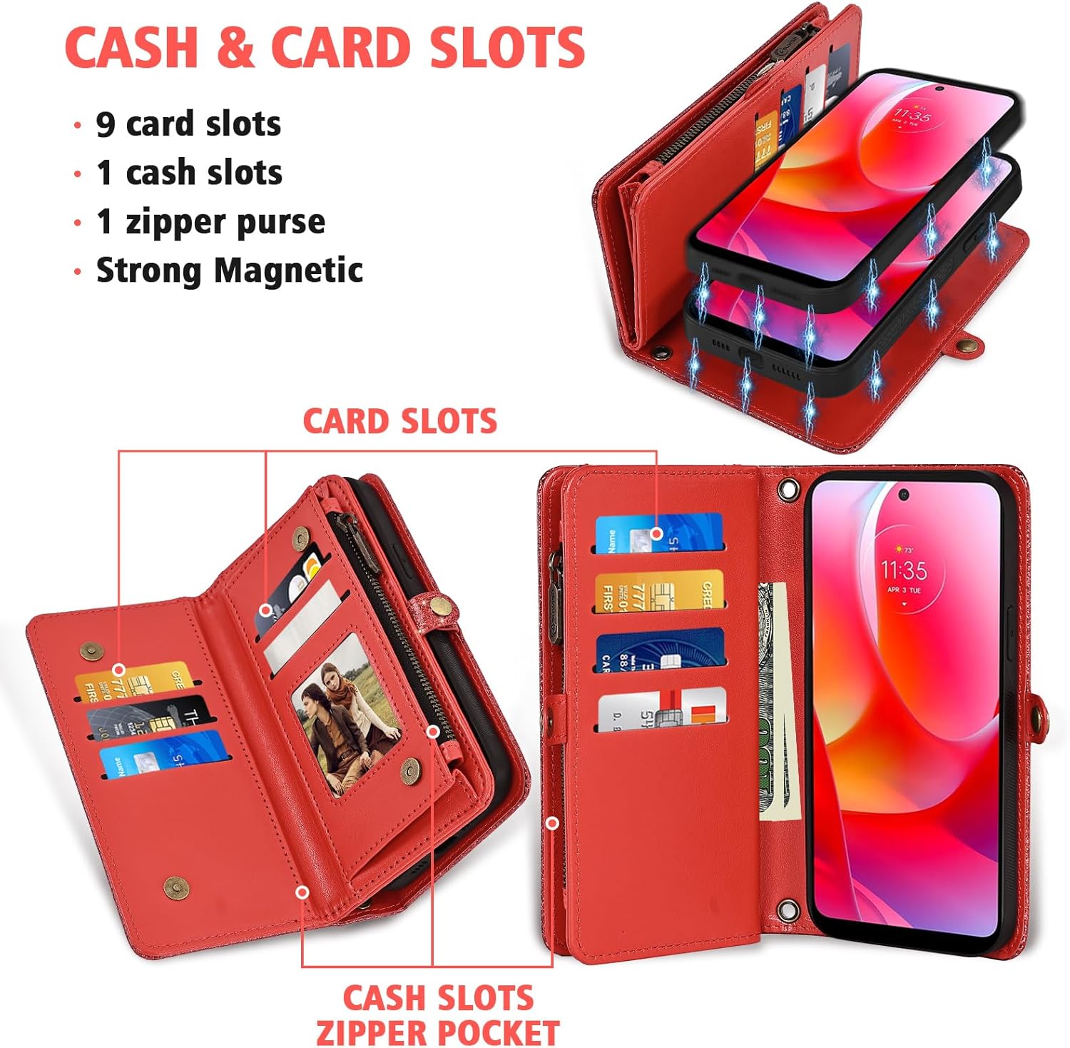 Asuwish Phone Case for Motorola Moto G Power 2022/MotoG Play 2023/G Pure 2021 Zipper Wallet Cell Cover with Screen Protector Wrist Strap Flip Card Holder XT2165DL XT2163DL XT2165-5 XT2271-5 Women Red