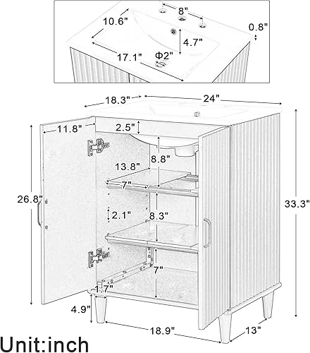 Miniatura 2 de Conjunto de tocador de baño de 24 pulgadas con lavabo, moderno juego de gabinete de baño pequeño individual con 2 puertas de cierre y estante