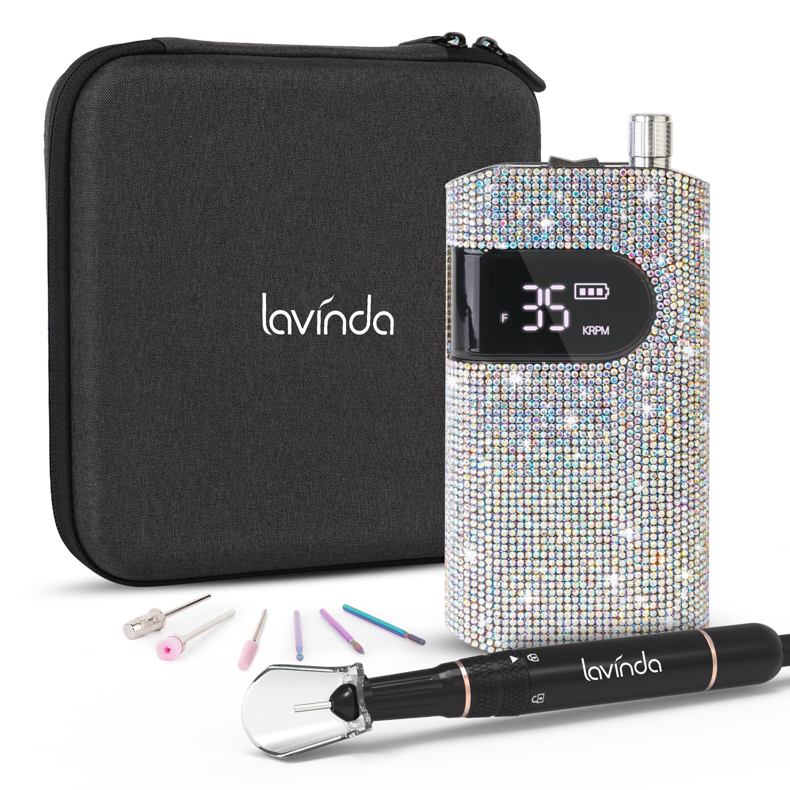 Photo 1 of Professional Rechargeable Nail Drill Machine, Lavinda Diamond 35000RPM Electric Nail File Cordless Portable Nail Drill with Coreless Motor for Acrylic Nails, Manicure Pedicure Tool, Crystal Diamond