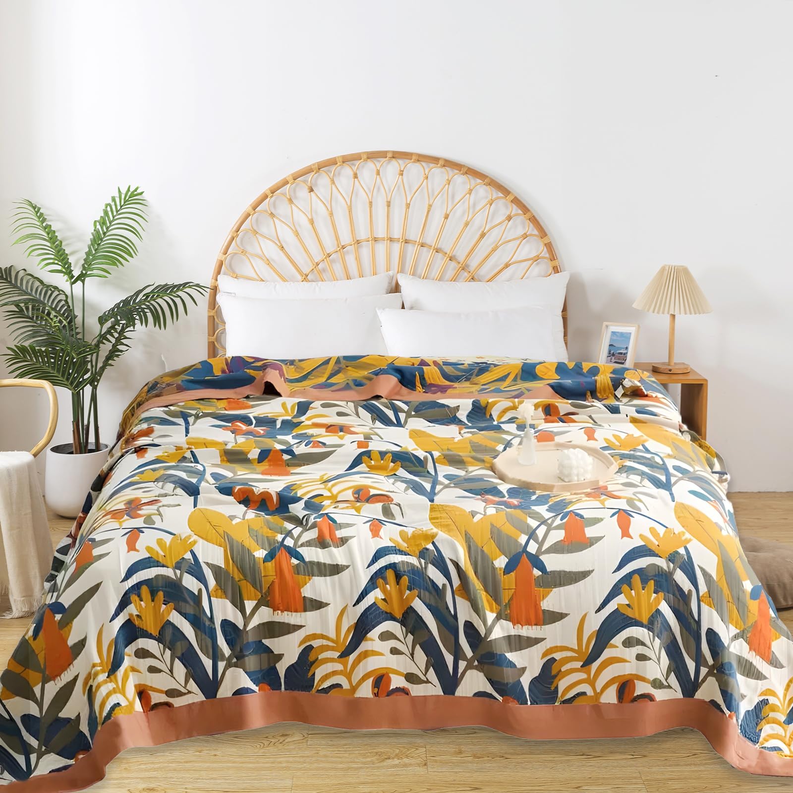 Couverture lit coton bio 230x250cm motif floral mer plaid bohème luxe