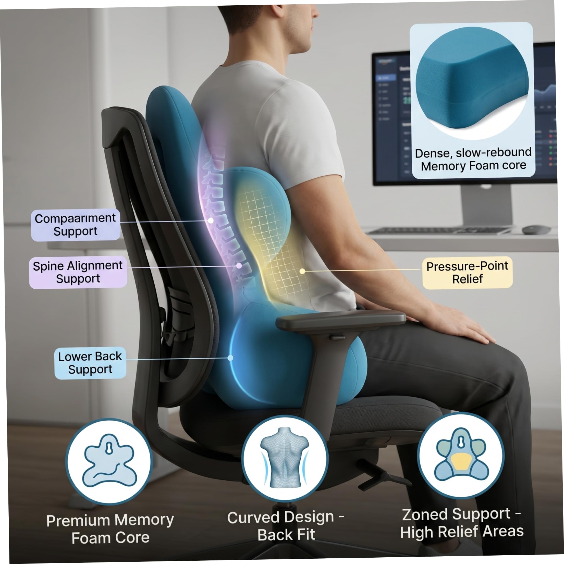 Almohada lumbar ergonómica para silla cojín de soporte para la espalda de silla de oficina espuma viscoelástica de alta densidad azul pavo real 18.89x16.93x6.30in Almohada lumbar para soporte