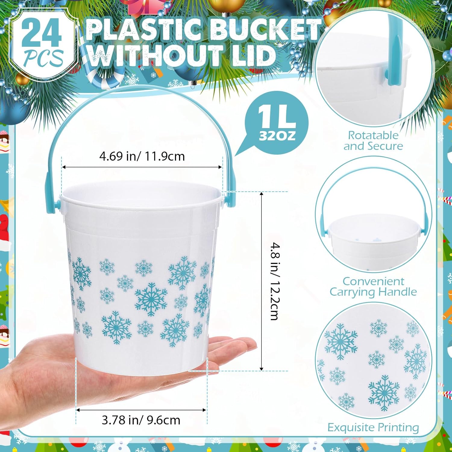 meekoo 24 Pcs Blue Snowflake Buckets with Handles Bulk 4.69 x 3.78 x 4.8 Inch Small Winter Holiday Buckets for Gifts Cute Candy Pails Holiday Storage Baskets for Winter Wonderland Party