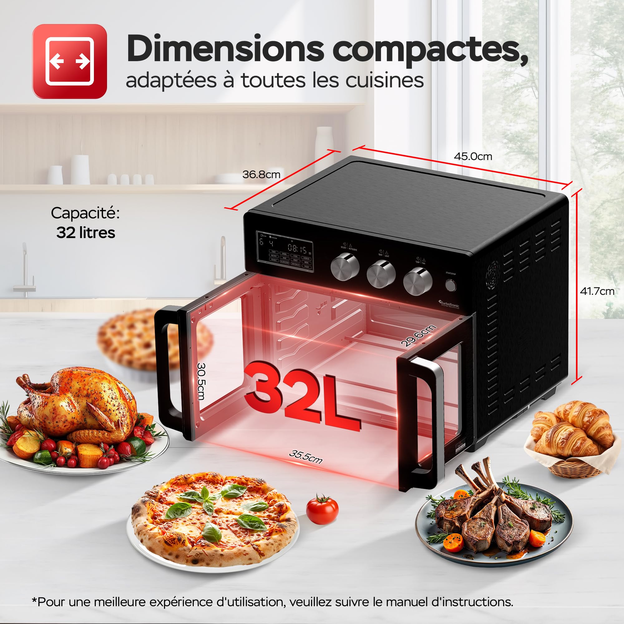 TurboTronic Mini four, four à air chaud 4 en 1 et friteuse à air chaud, version XXL 32 L, y compris tournebroche et de nombreux accessoires, plaque de cuisson, déshydrateur à partir de 25 °C & grill