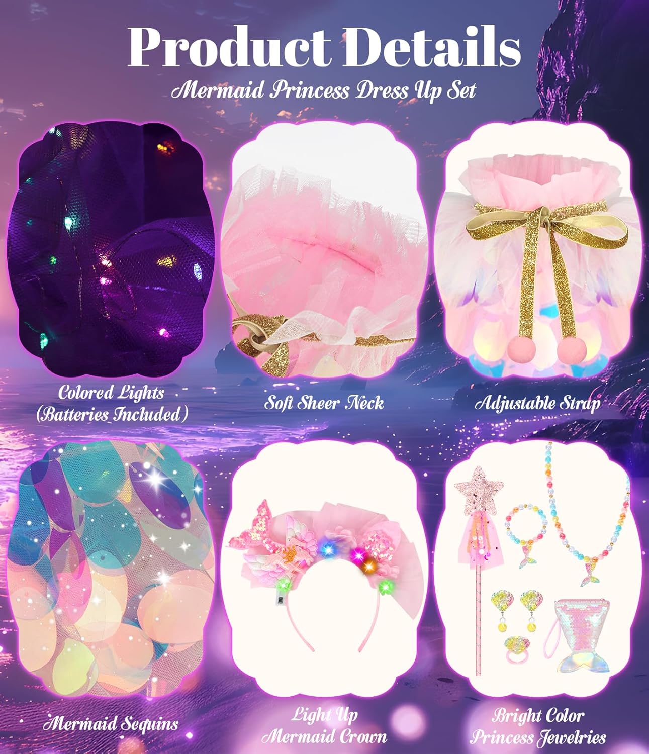 Princess Dress Up Toys Princess Dress Up Clothes Rainbow Mermaid Cape Kit 9 Pcs Gift Set for Little Girls 3-8 Years - Image 4