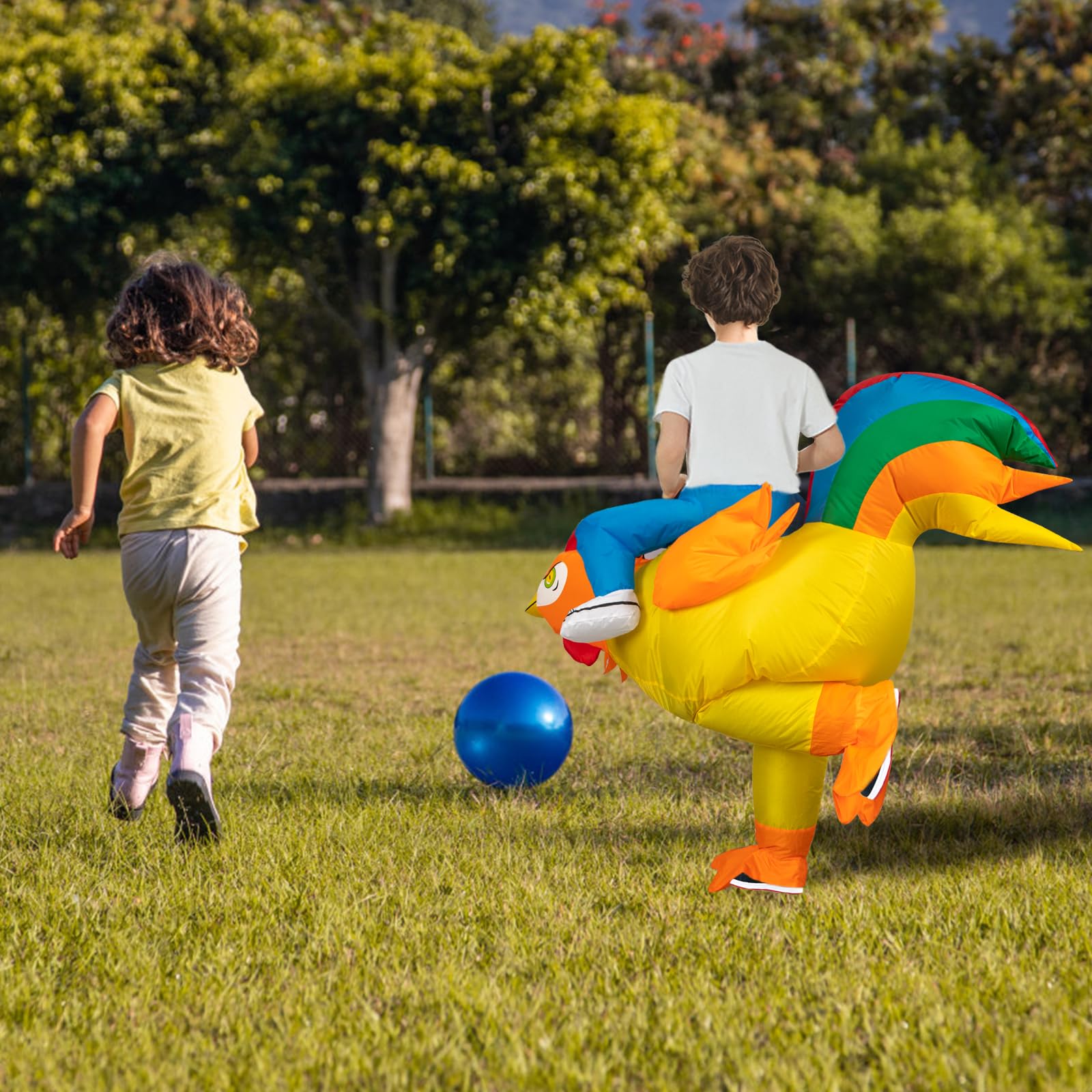 Aufblasbare Huhn Hahn Kostüm für Erwachsene Kinder, Halloween Hühner Blow Up Ride-on Huhn Kostüme ür Männer Frauen, lustige Kostümparty Kostüme