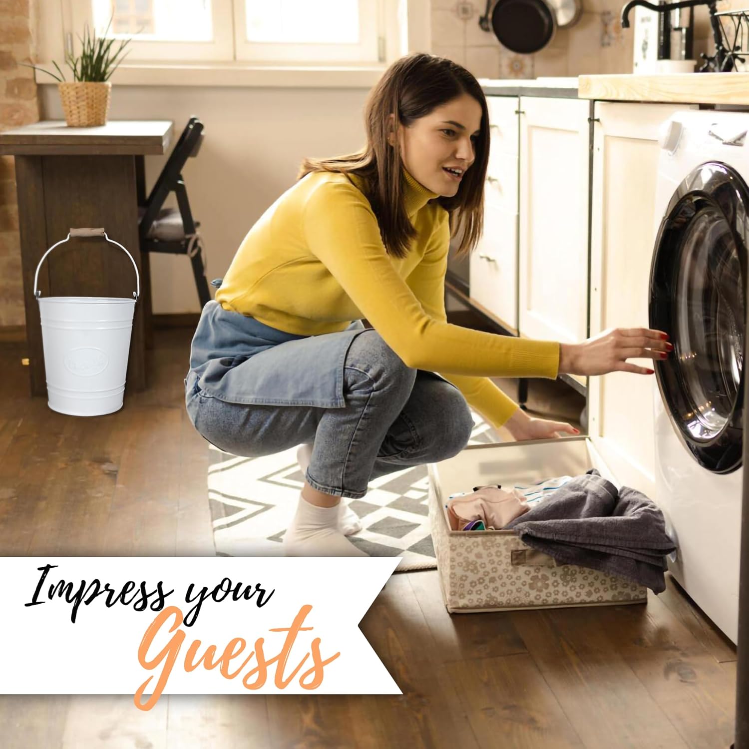 Autumn Alley Farmhouse Bathroom Trash Can - White Trash Can Bucket with Wooden Handle for Rustic Bathroom, Bedroom, Office, Kitchen, Country Home Décor, 7 Liter, White