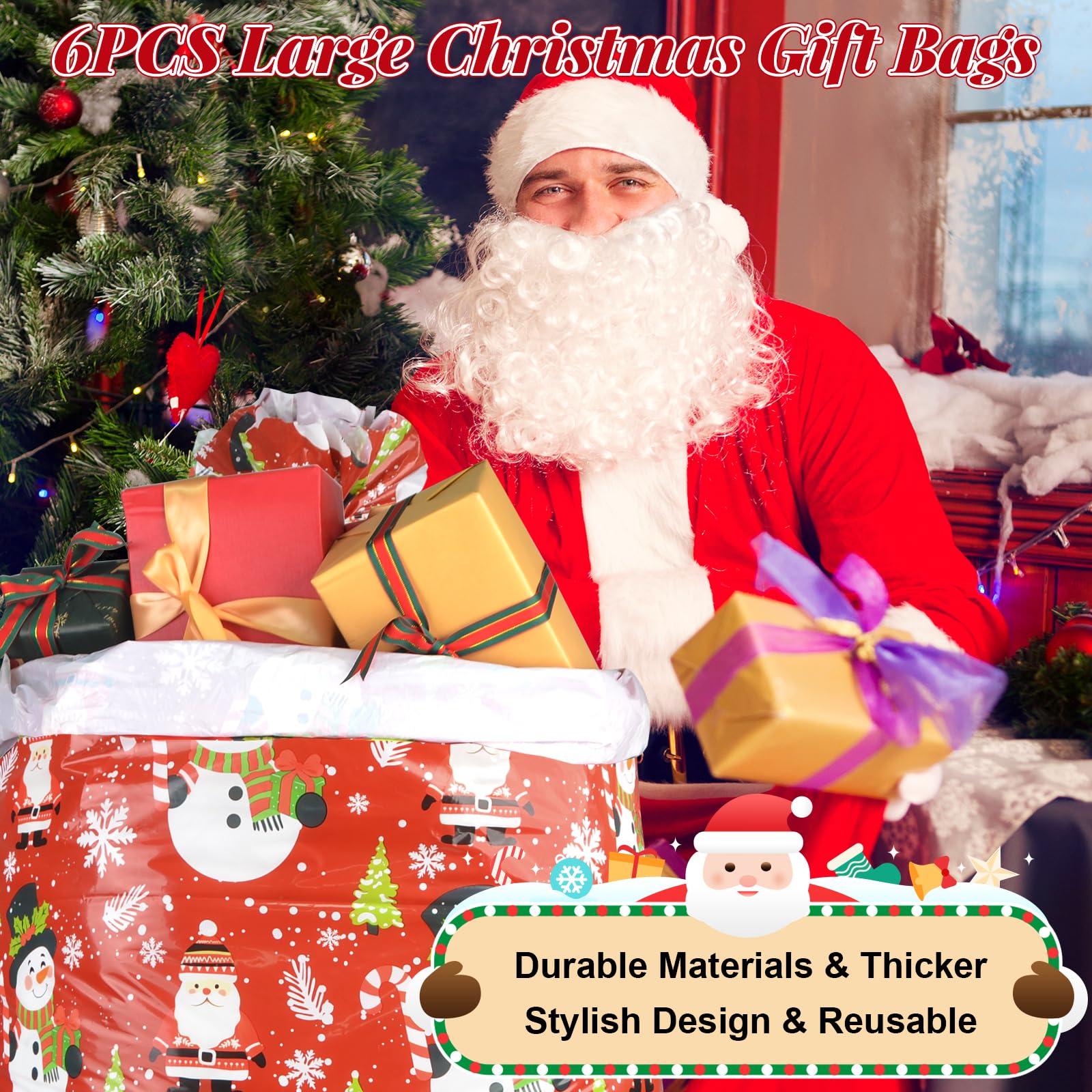 letesult 55" x 35" Extra Large Christmas Gift Bags, 6PCS Jumbo Christmas Themed Bags Holiday Gift Wrap Plastic Gifts Bag with Tag and String for Huge Big Gifts Presents Wrapping Bicycle Bike Gift Bag