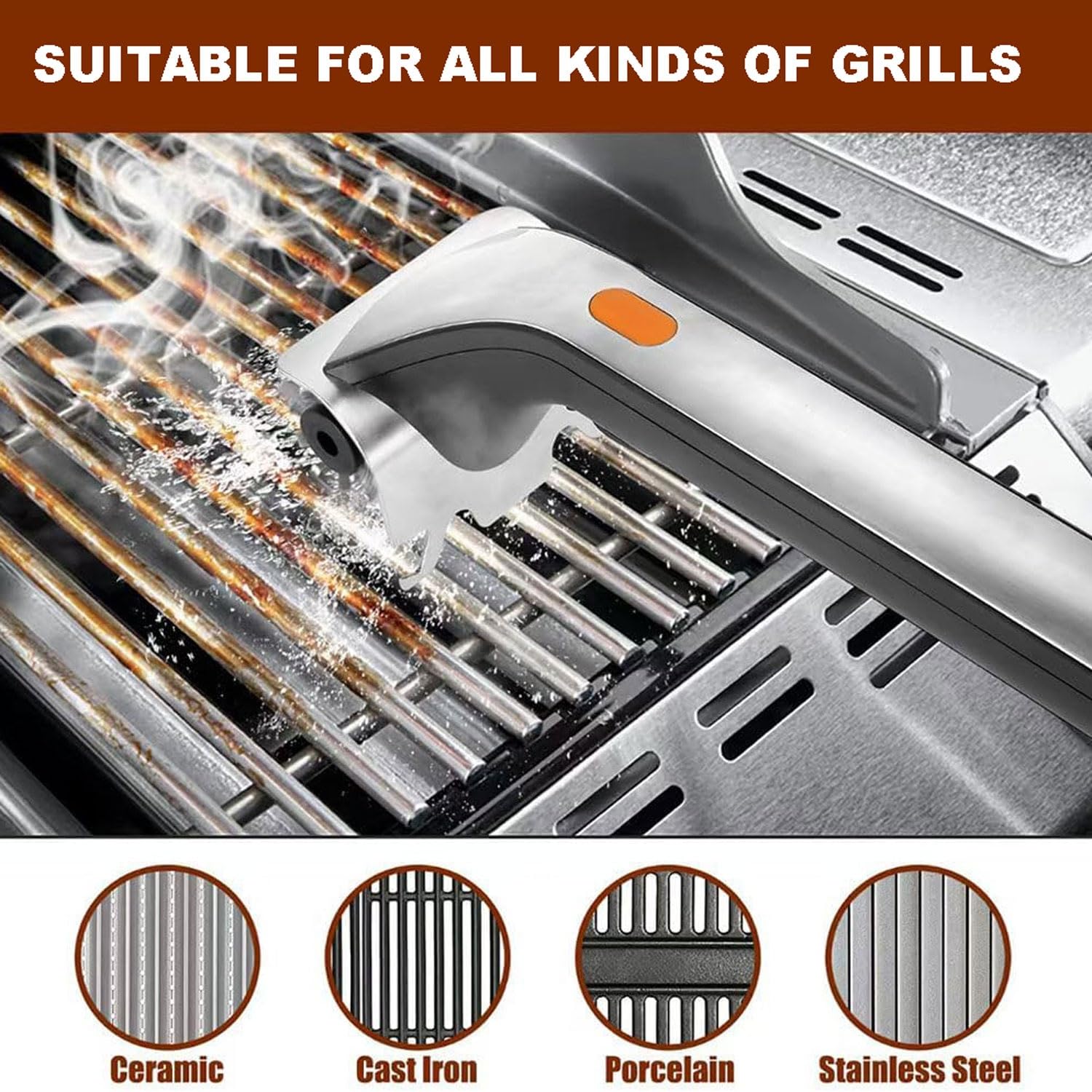 Cepillo de parrilla recargable inalámbrico, cerdas de acero inoxidable, cepillo eléctrico para barbacoa con tanque de agua de 500 ml y raspador, cabezales giratorios de 360° para parrilla de carbón y