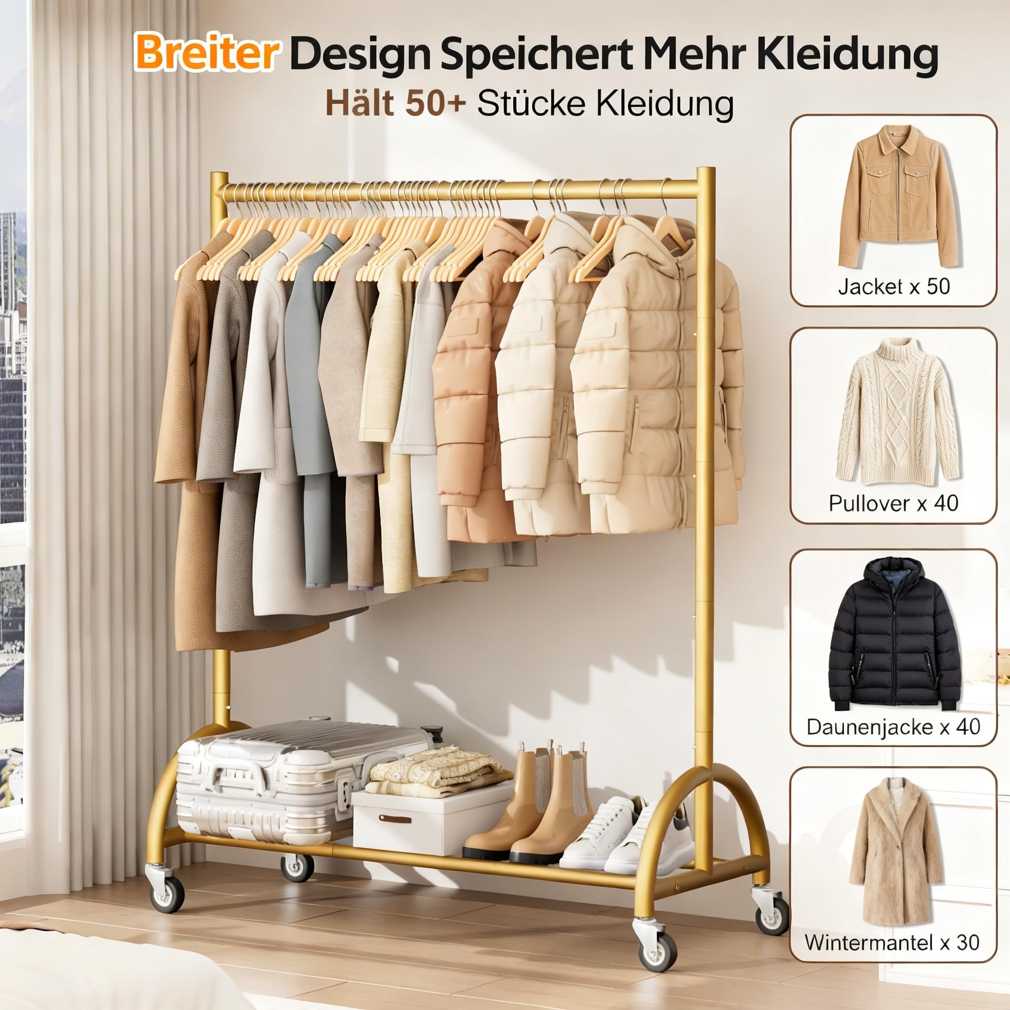 MISSLO Perchero pesado con ruedas - Perchero móvil para colgar vestidos, chaquetas y blusas - Perchero estable sobre ruedas, diseño industrial en oro