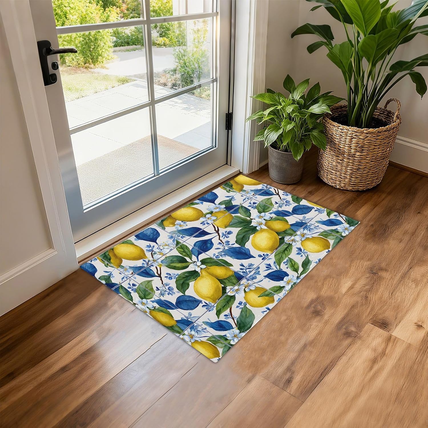 Blue Floral Tiles Lemons Kitchen Rug Non Slip Anti Fatigue Kitchen Mat Washable Front Door Mat for Entryway Patio Porch 35x83 Inch