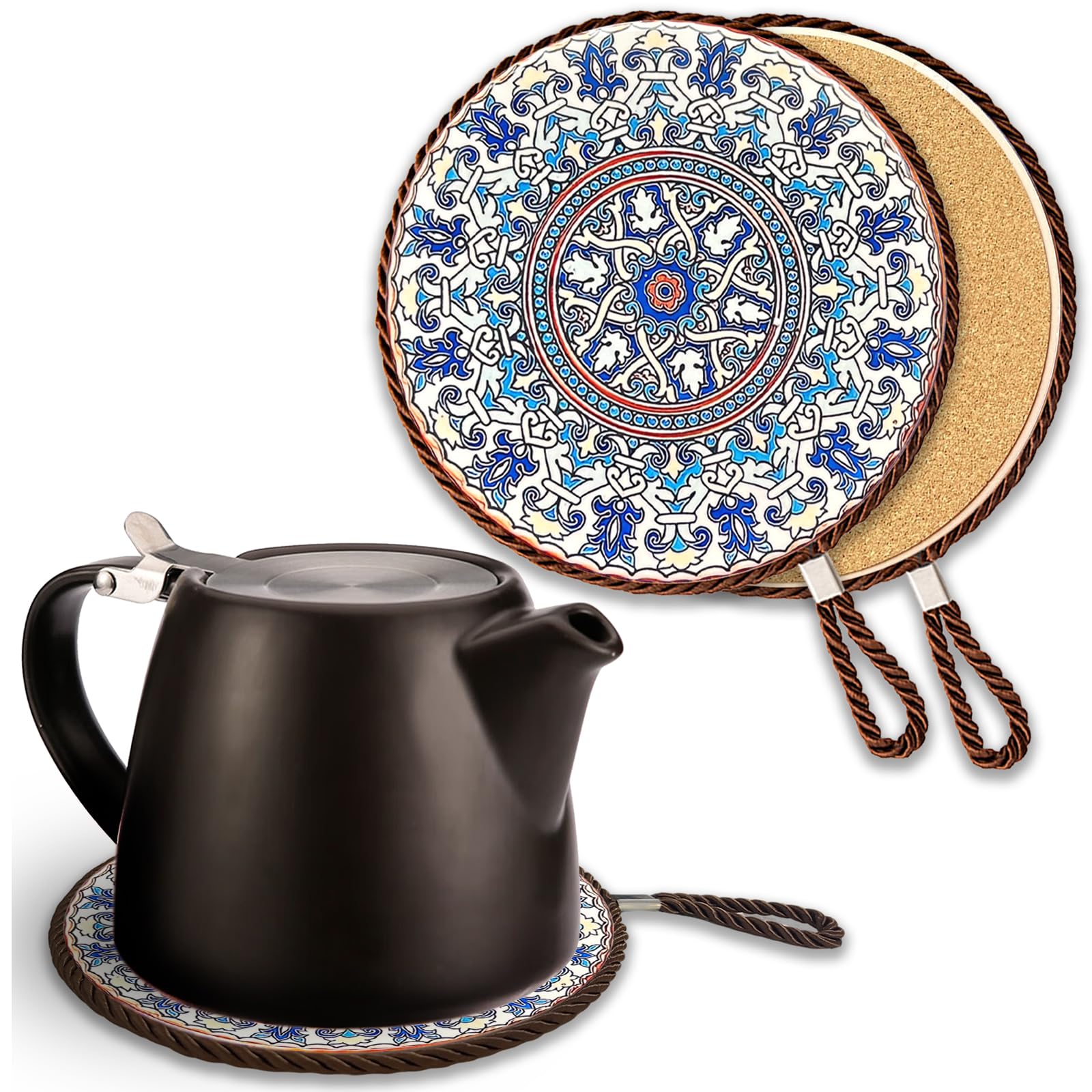 17 cm Ceramic & Cork Heat-Resistant Trivet – Decorative Teapot Mat & Large Hot Drink Coaster