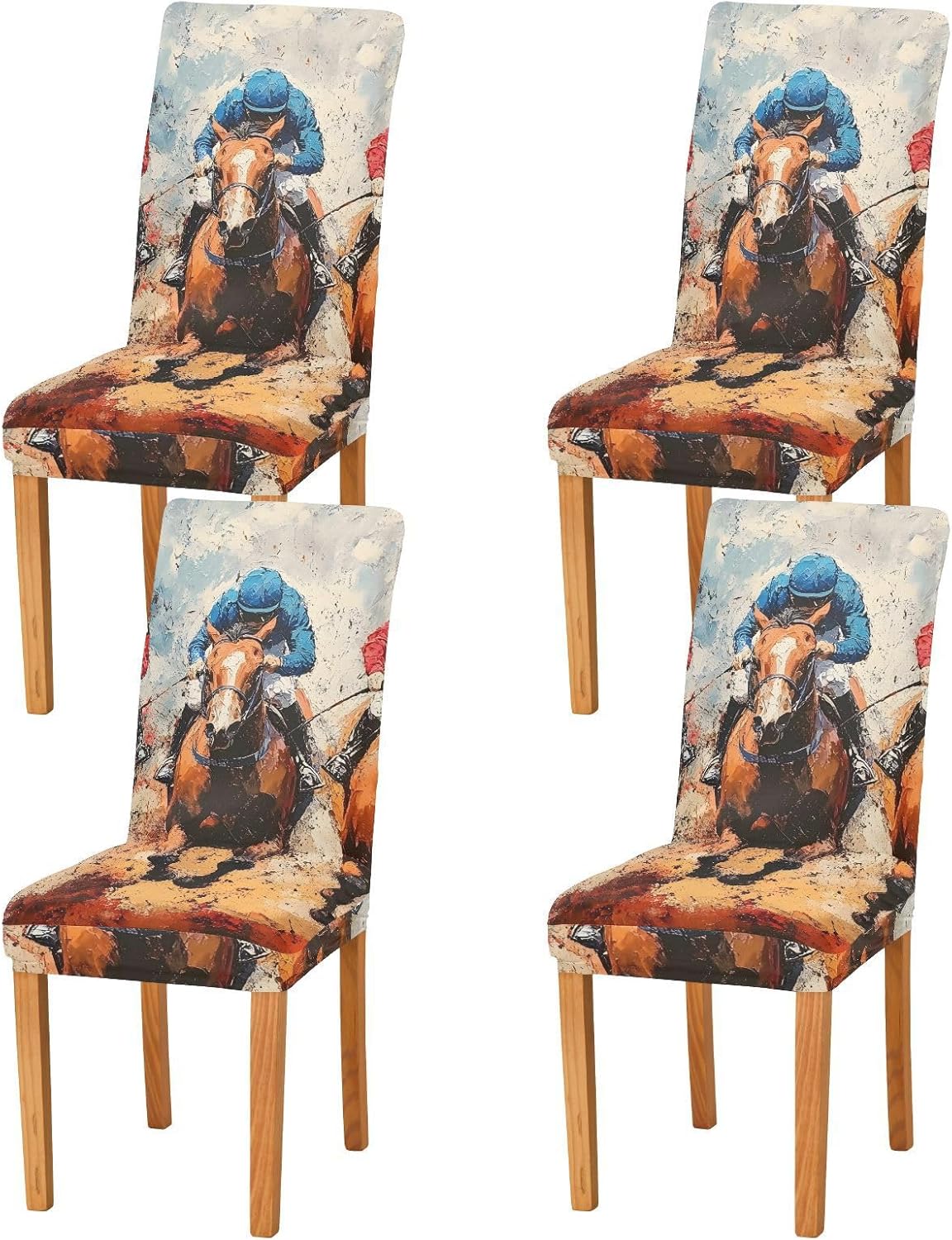 Horse Racing Scene Chair Covers Set of 4, Removable Washable Seat Cover Stretch Dining Chair Slipcovers for Kitchen, Dining Room, Hotel, Banquet Decor