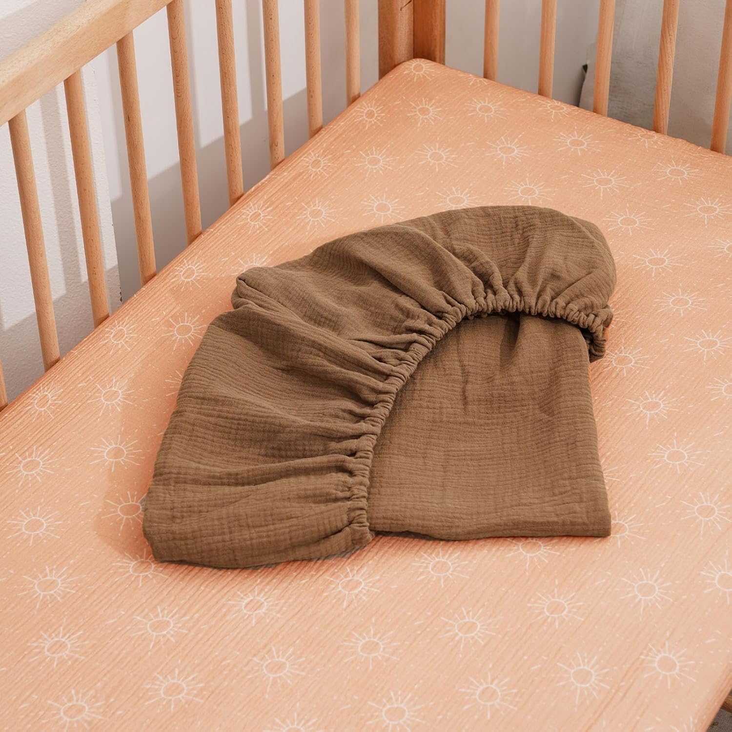 Muslin Crib Sheets–100% Organic Cotton Baby Sheets for Boys & Girls,2 Pack Muslin Mini Crib Sheets for Toddler Mattress,Breathable Crib Mattress Sheets 28''x52''(Sun)