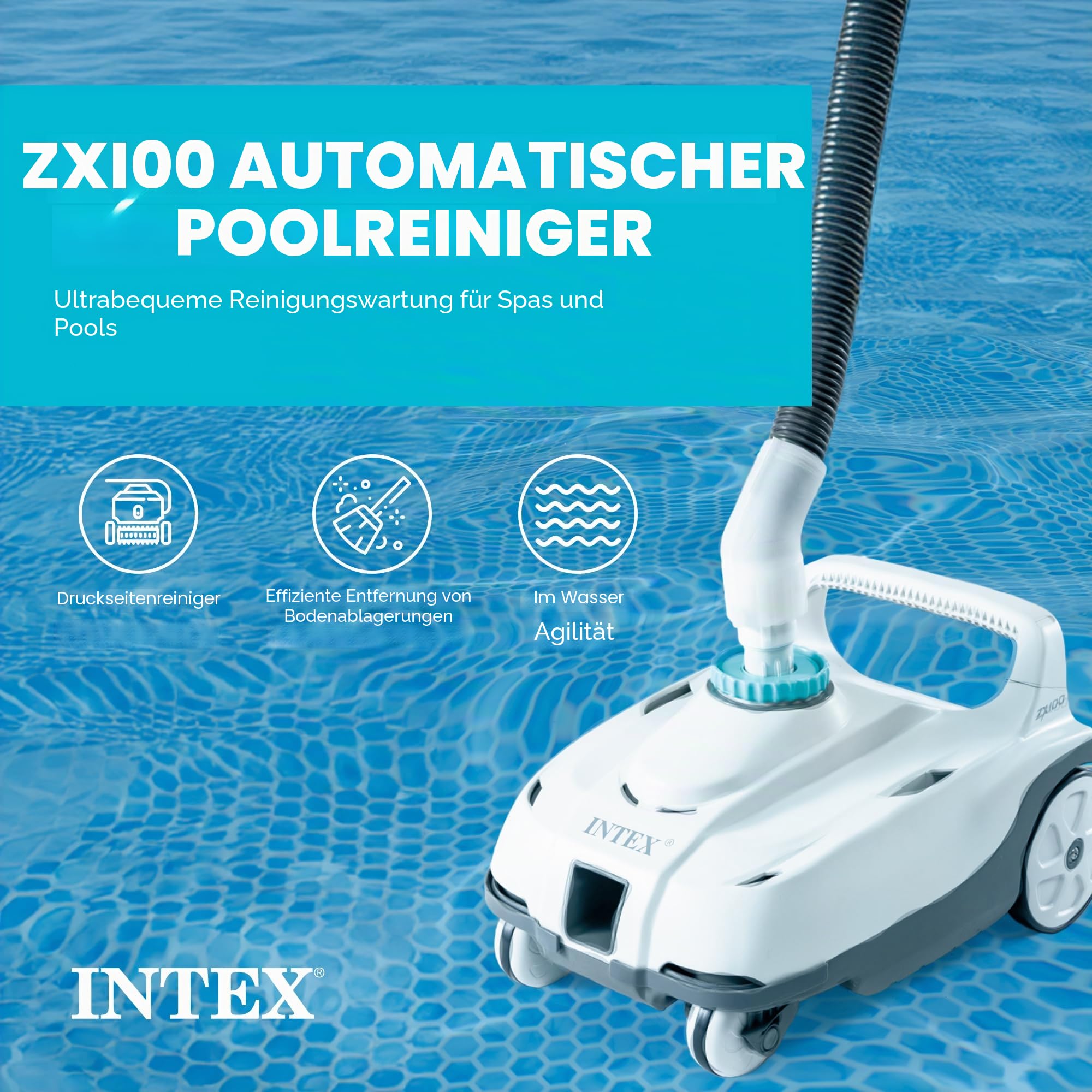INTEX 28006E ZX100 Druckseite oberirdischer automatischer Poolreiniger: für größere Pools - reinigt den Poolboden - entfernt Schmutz - Abnehmbare Filterwanne - 6,4 m langer verwicklungsfreier Schlauch