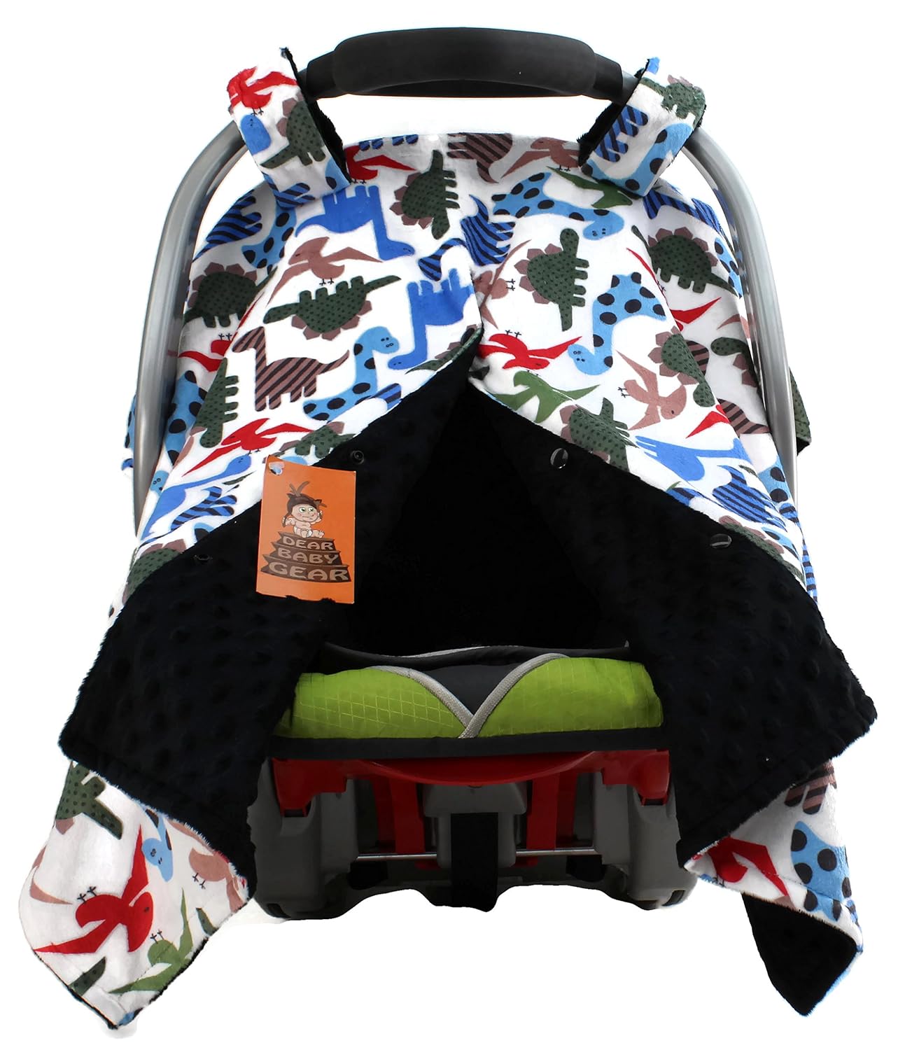 Dear Baby Gear - Baby Car Seat Canopy - Infant Car Seats Covers - Carseat Canopies for Boys and Girls - Toddler Carseat Cover with Snap Opening (Prehistoric Multicolored Dinosaur, Black Dot 40"x30")