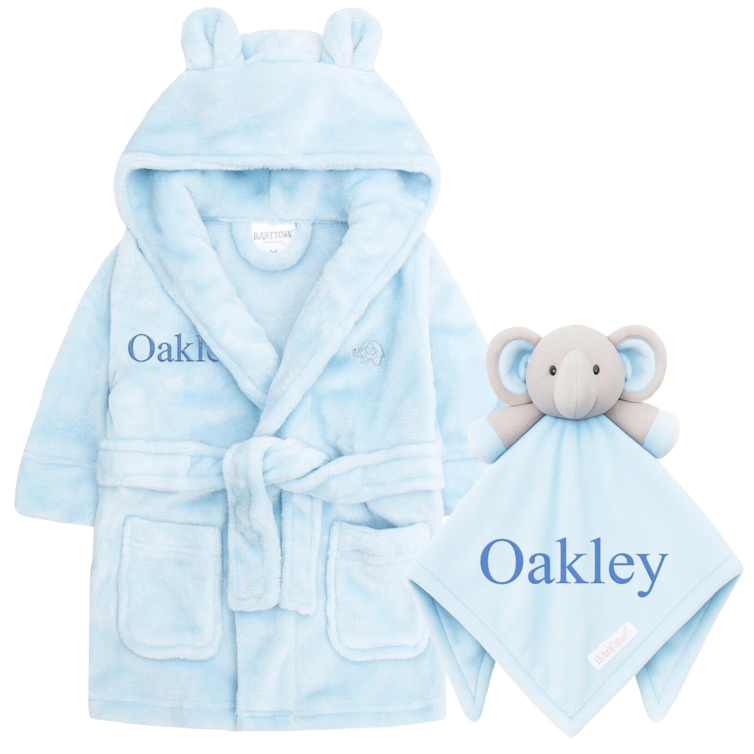 Personalised Baby Dressing Gown & Elephant Comforter Set Newborn Baby Gift Blanket Robe Bundle (Blue Robe & Blue Elephant Comforter, 6-12 Months)