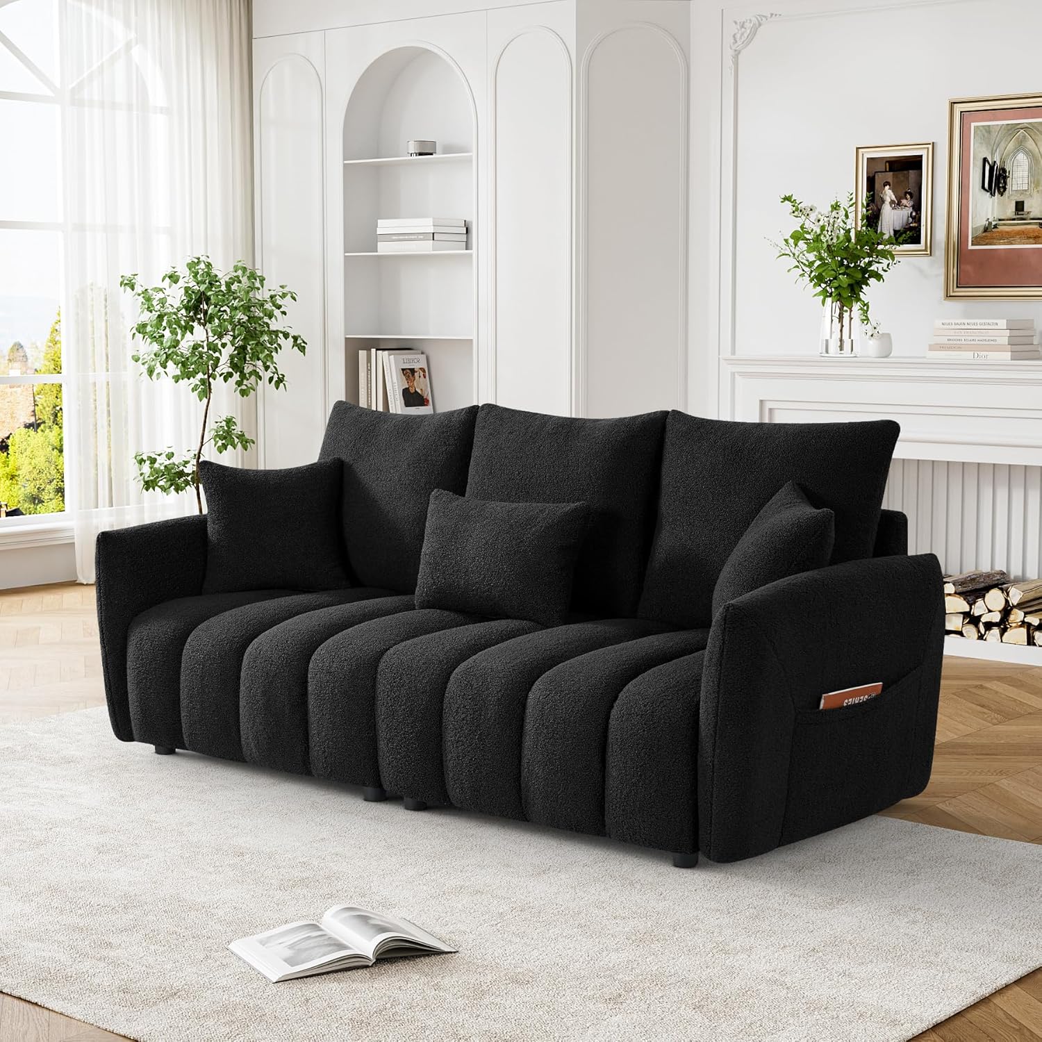 OUYESSIR Boucle Sofa Cloud Couch, 80.2" Modern Comfy Teddy Sofa Deep Seat Futon Couch with Pillows, Soft Upholstered 3 Seater Sofa Oversized Loveseat Sofas for Living Room, Apartment, Black