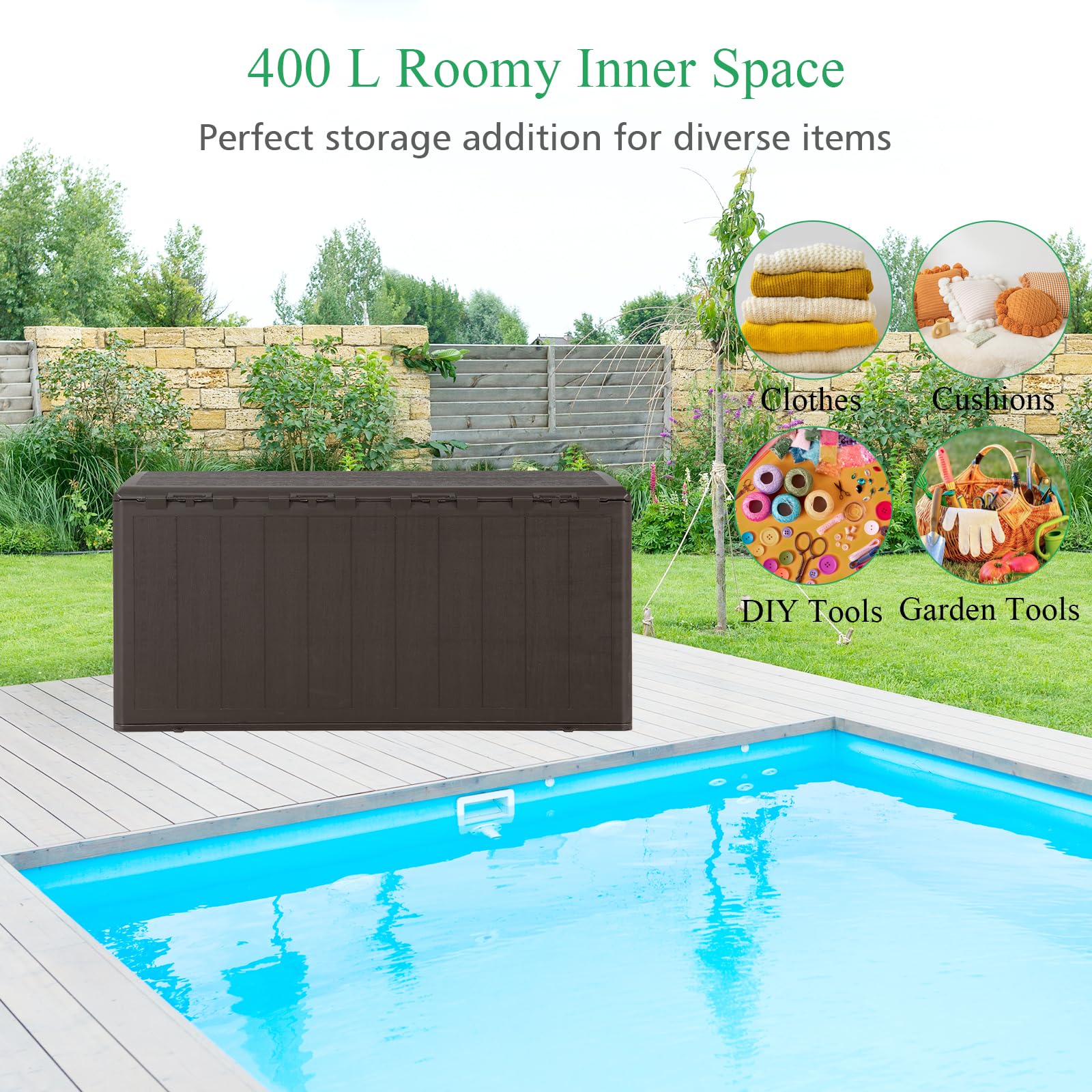 HOMASIS 400L Auflagenbox wetterfest, XXL Gartenbox aus HDPE, abschließbar Aufbewahrungsbox mit Deckel & Griff, Kissenbox Kissentruhe Auflagentruhe Gartentruhe Terrassenbox Outdoor, 128x62x64cm, Braun