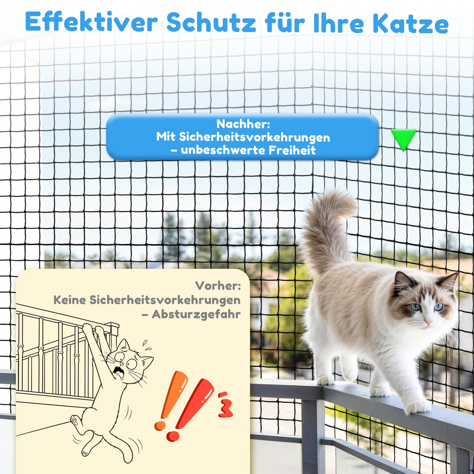 Red para Gatos Terraza 4×3 m,6×3m Reforzada con Cable de Acero, Sin Perforación, Antimordeduras, Resistente a Desgarros y Rayos UV, para Balcón, Ventana, Incluye Cuerda de Fijación y Clavos(6*3)