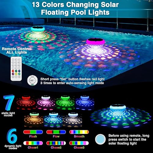Miniatura 2 de Luces solares para piscina, 2600 mAh, luces flotantes recargables por USB, 6.7 pulgadas, IP68, impermeable, luz flotante solar con control remoto,