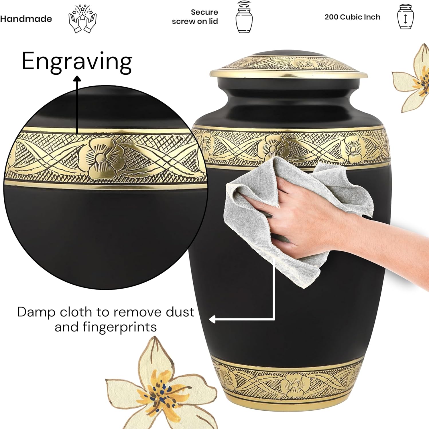 CLEENTABLE Handcrafted Metal Cremation Urn for Adults - Elegant, Durable Funeral & Memorial Urn for Ashes, Decorative Urn with Secure Threaded Lid, Spacious, Timeless Design 11" (Black & Gold) - Image 5