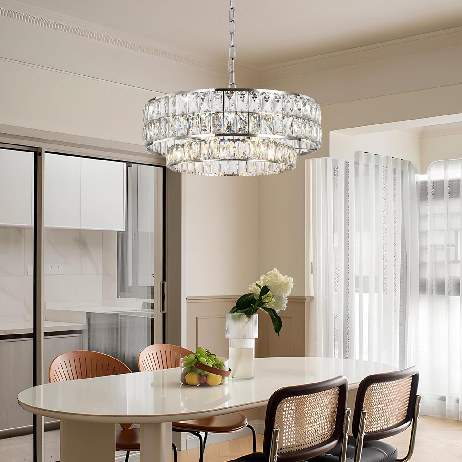 20 Inch Contemporary Luxury Crystal Chandelier, 6-Light Chrome Semi-Flush Mount Ceiling Fixture, Round Crystal Pendant Design Perfect for Living Room, Dining Room, Kitchen, Foyer & Bedroom