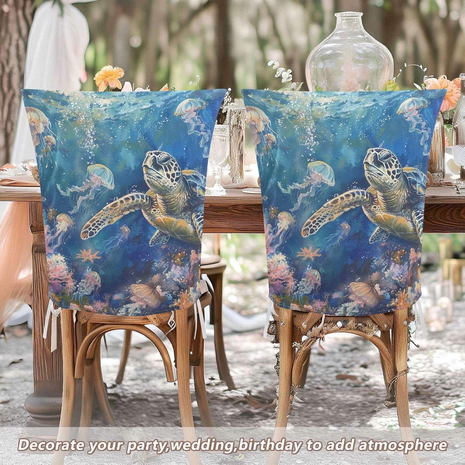 ALAZA Turtle Jellyfish Coral Chair Back Cover Set of 6, Washable Reusable Removable Chair Slipcovers Decorative Chair Cover for Home Kitchen Wedding Party