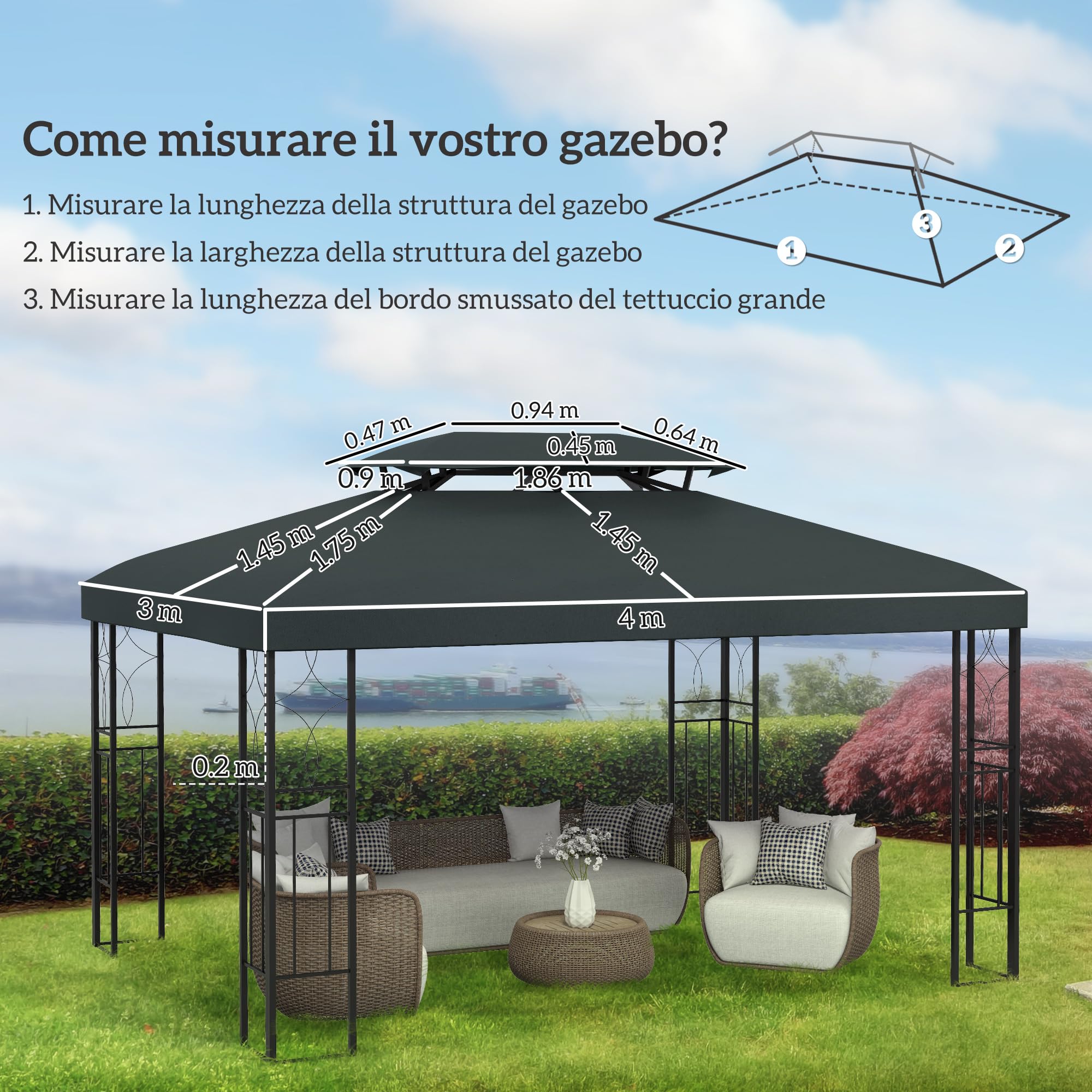 Outsunny Copertura per Gazebo da Giardino Tetto Sostitutivo Anti-UV Impermeabile 3x4m Grigio Antracite