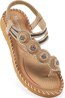 HARENCE Flat Sandals for Women Comfortable: Dressy Summer Bohemian Beaded Toe Ring Shoes - Zero Foot Pain for Casual Walking