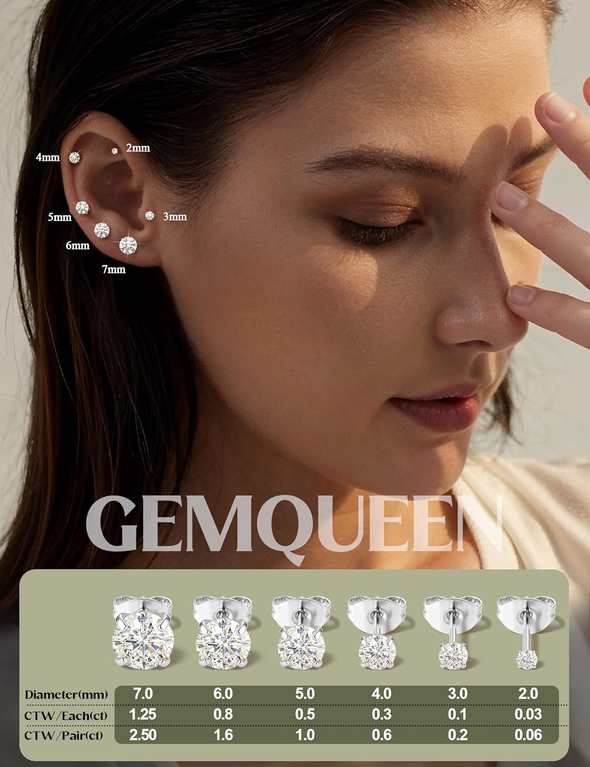 GEMQUEEN 6 Pairs 2-7mm Moissanite Earrings Studs : 14K Gold Plated Surgical Steel Stud Earring for Sensitive Ears Hypoallergenic Cartilage Helix Piercing Jewelry for Women Men Round Cut D Color VVS1