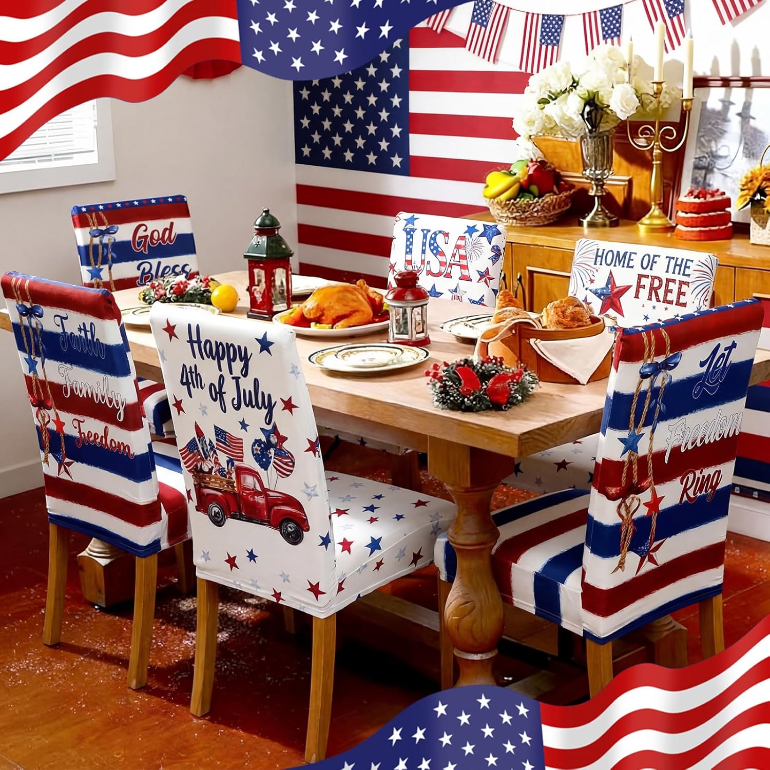 Moukeren 6 Pcs 4th of July Patriotic Dining Chair Covers Red White Blue Removable Washable Stretch Slipcovers American Flag Back Chairs Bow Cover for Independence Day 250th Anniversary Kitchen Decor